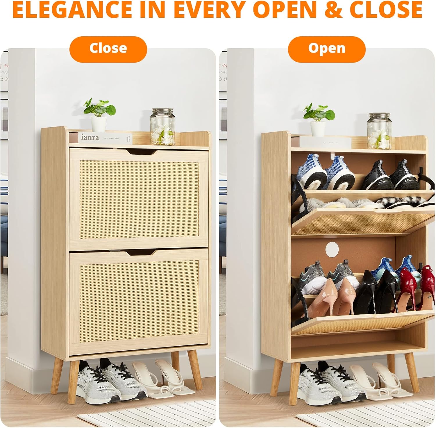 GarveeHome Shoe Cabinet - Hidden Shoe Storage with 2 Flip Rattan Flip-Drawer and Anti-Tip Design, Shoe Cabinet for Entryway, Foyer, Hallway, 12-15 Pairs Storage Organizer, MDF Frame