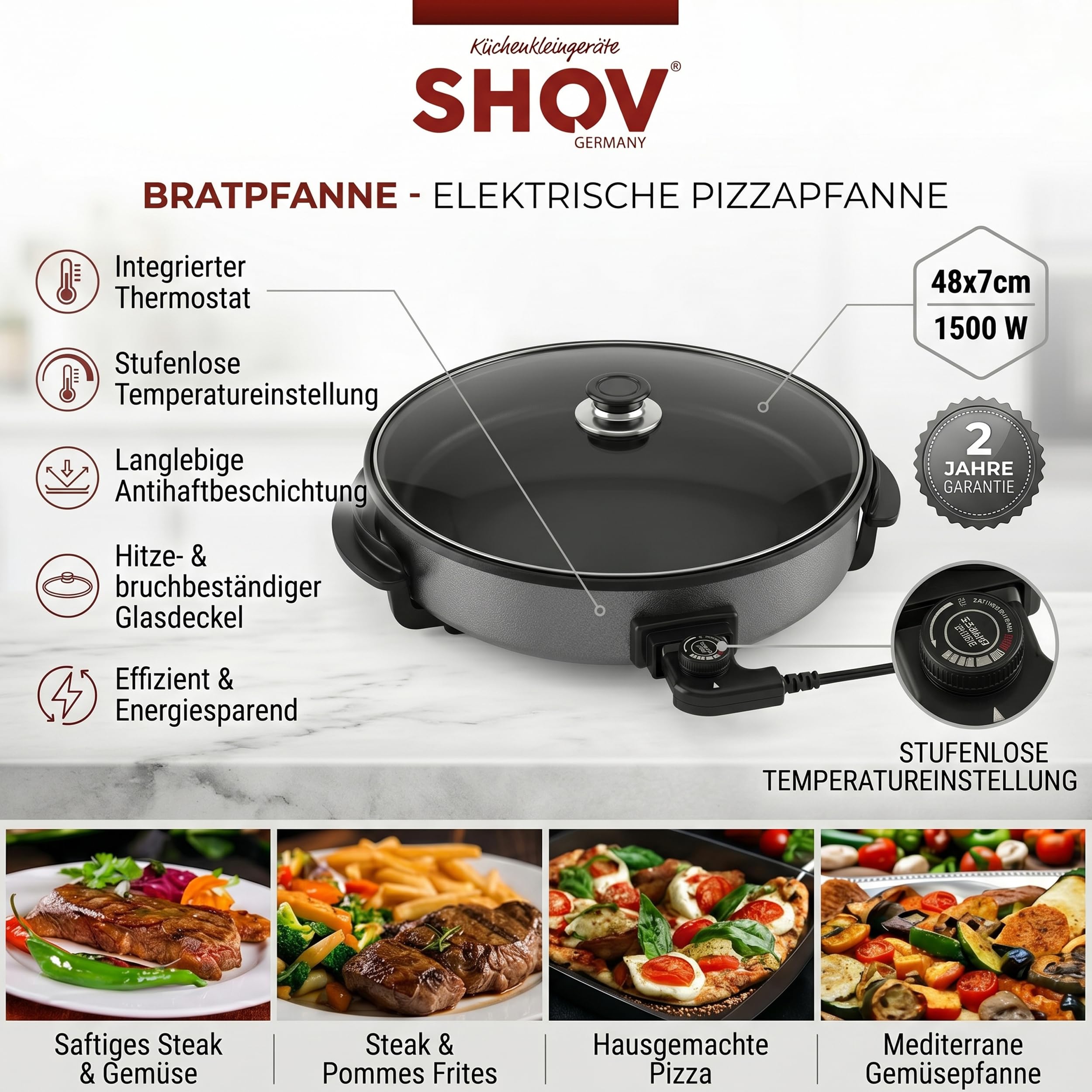Shov Poêle à pizza électrique et cocotte multifonction, taille XL, 48 cm de diamètre, 7 cm de profondeur, avec revêtement antiadhésif et couvercle en verre, 1500 W, thermostat réglable pour pizza