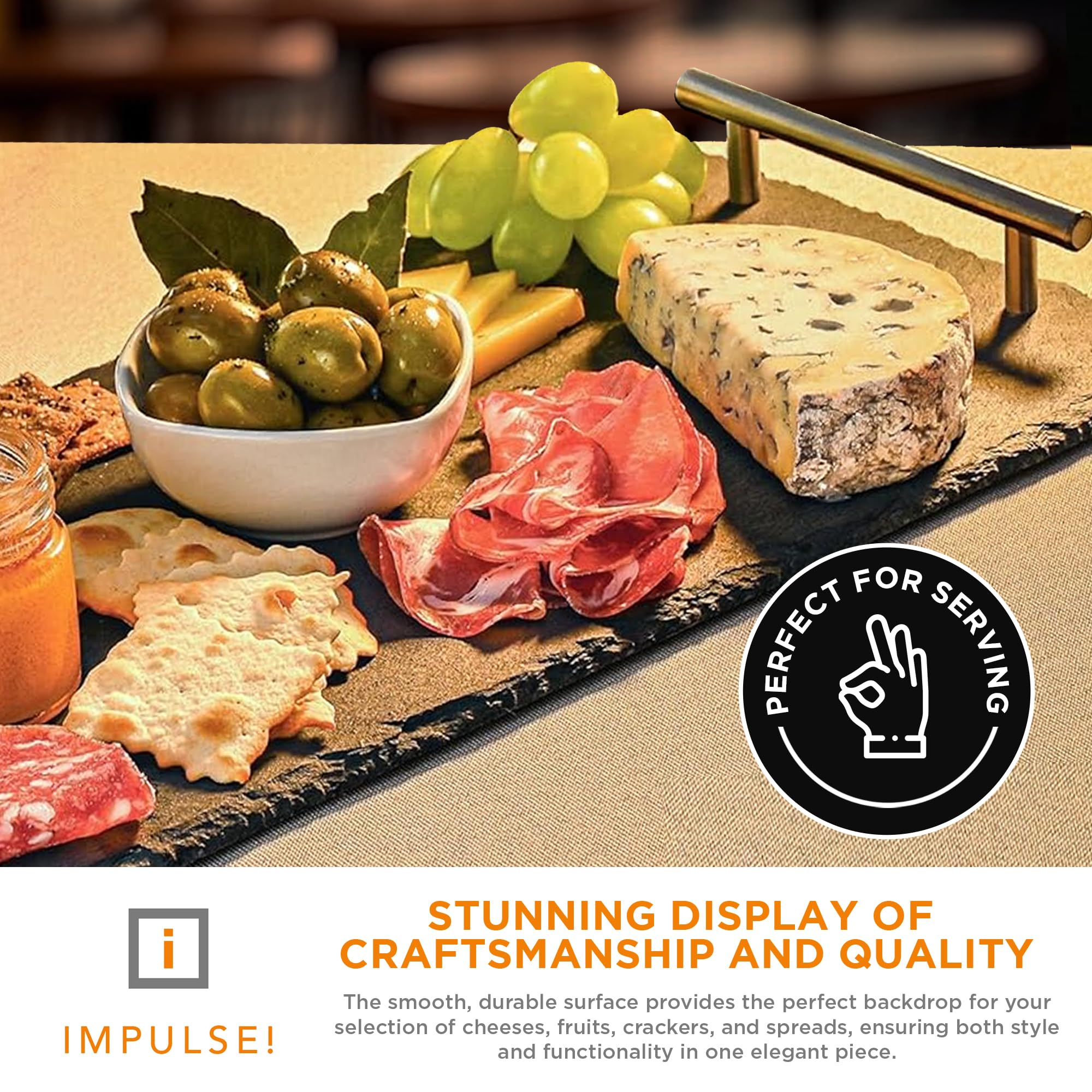IMPULSE! Slate Cheese Board Party Tray with Handles: 15.7''L x 12''W x 1.7''H