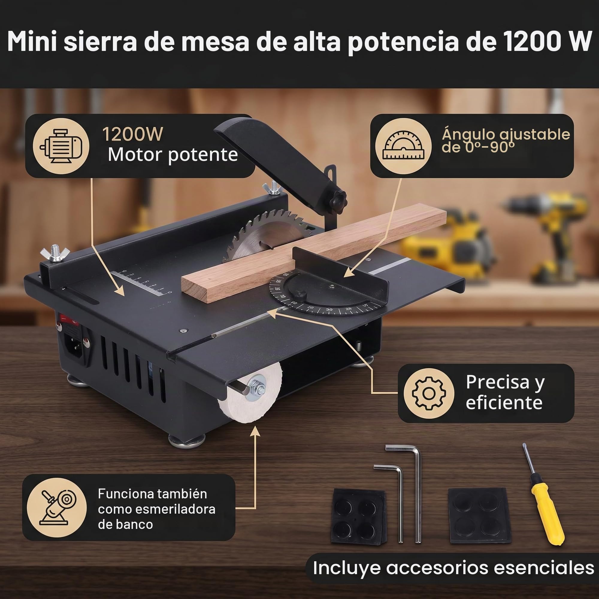 ViaGasaFamido mini mesa sierra multifuncional 1200W, sierra de corte y pulido, ángulo ajustable 0-90°, para madera y metal, con enchufe UE 220V, herramienta eléctrica versátil y potente