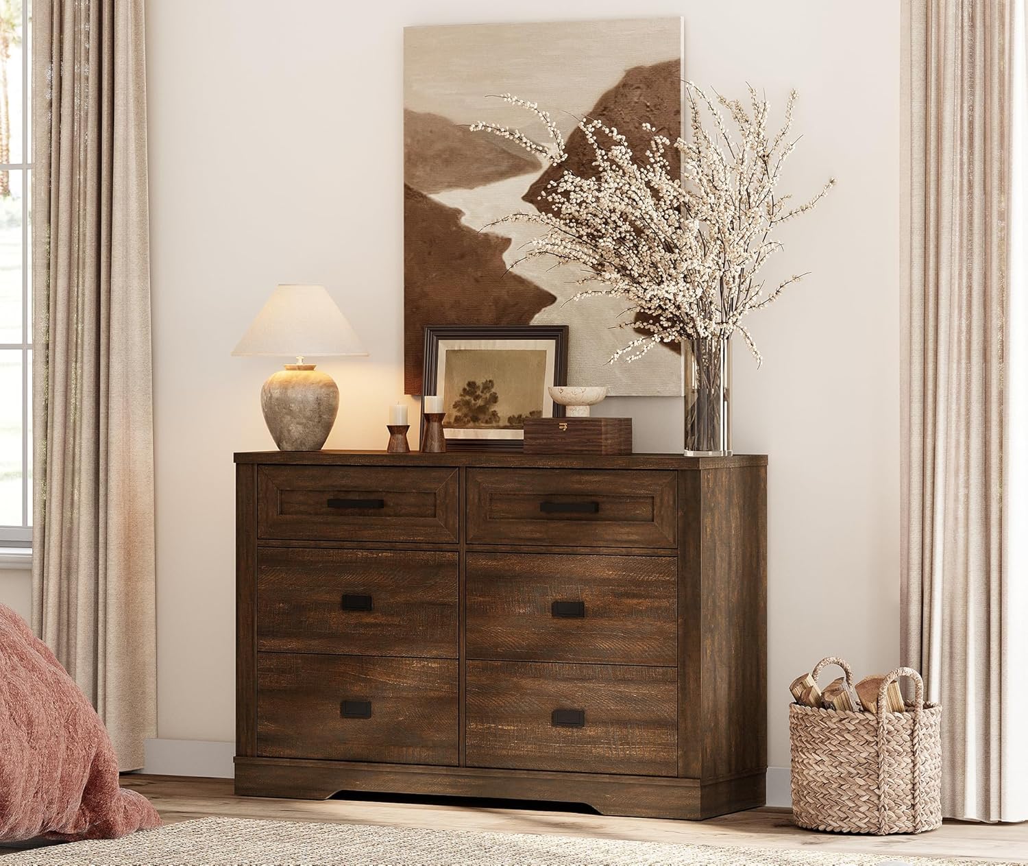 WAMPAT Wood Modern Baby Dresser for Nursery with 6 Wide Chest of Drawers for Nursery Room,Kids' Bedroom,Rustic Brown