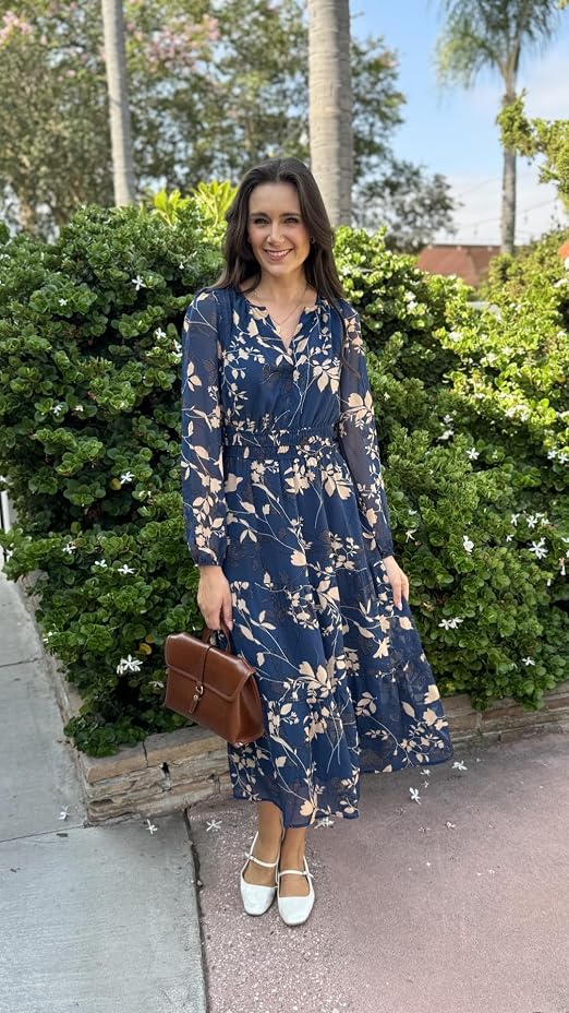 long sleeve floral dress women Simplee Women's Boho Maxi V Neck Empire Waist Swing Flowy Wedding Guest Dress Navy Blue Floral XS : Clothing, Shoes & Jewelry Size:34 length hem ProductID: 52829 ROSS Clothing * Evening