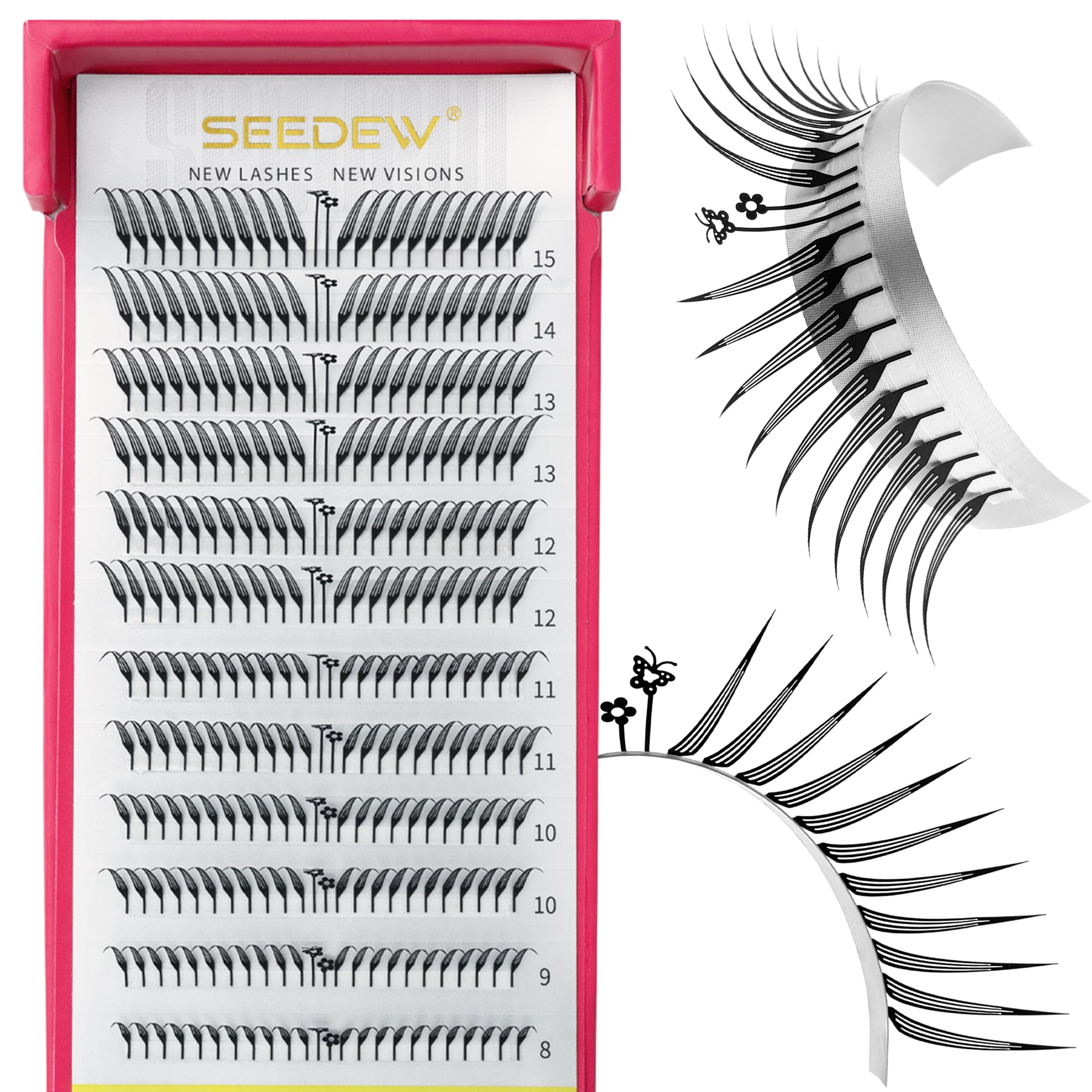 SEEDEW Pre-Made TiltSpire Lashes, MGXF-264PCS D Curl MIX8-15mm 0.07mm 12 Rows/Tray, Quickly Apply, Beginner Friendly