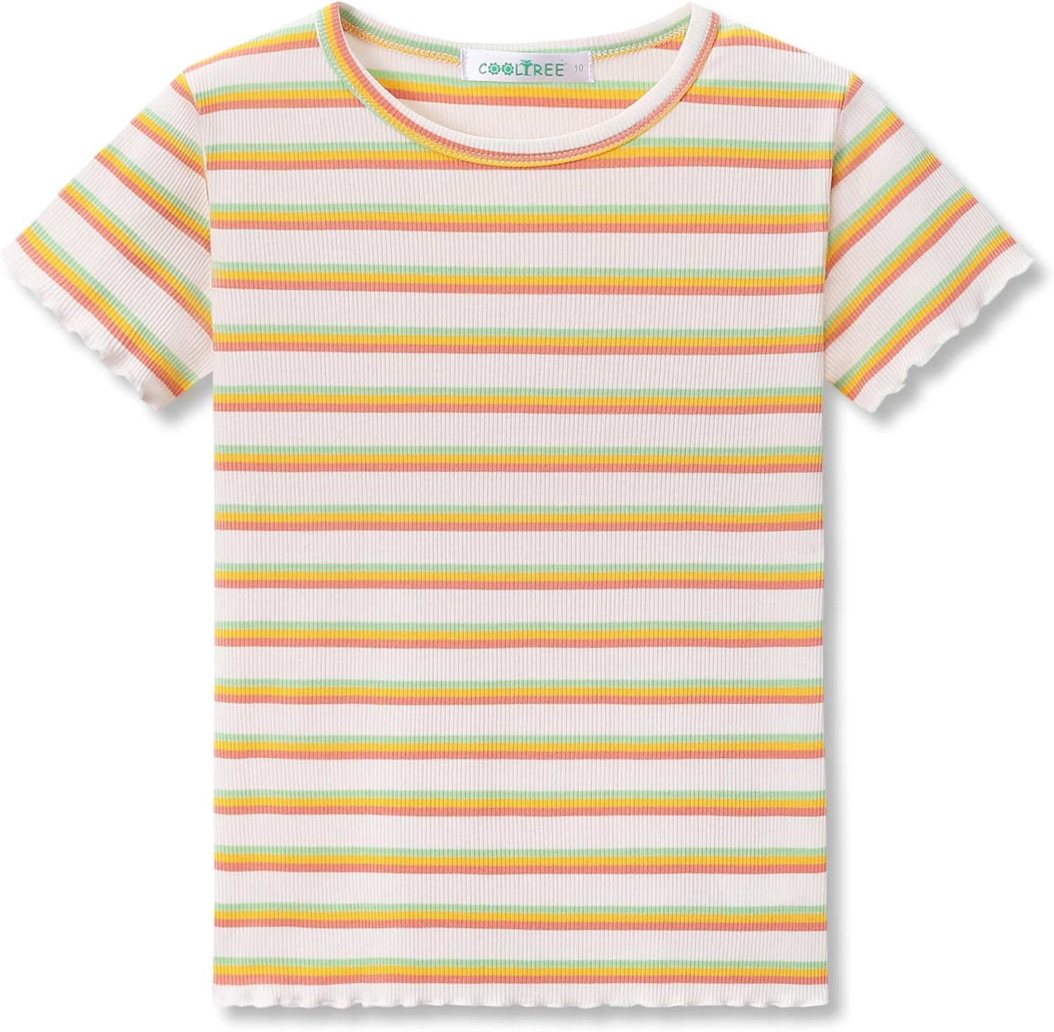 Girls Short Sleeve Shirts Ribbed Knit Lettuce Trim Tee Shirt - Little Girl Green Striped Blouse Size 6-16