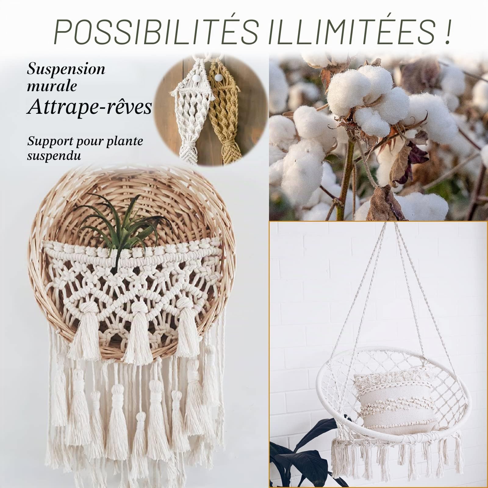 Corde Macramé 5mm x 100m, Fil Macramé Coton Naturel, Grosse Ficelle Cordelette 5mm Cordon pour Mural, Porte Plante, Bricolage, Décoration Boho (Naturel)