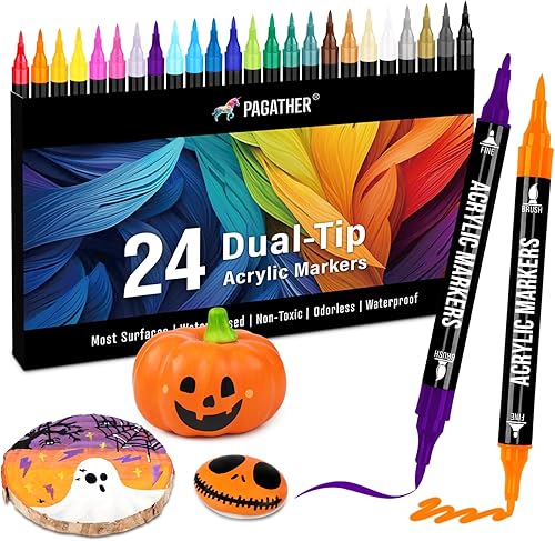 Pagather Marcadores de pintura acrílica de 24 colores, punta doble con punta fina y punta de pincel para piedra, madera, caligrafía, lienzo,