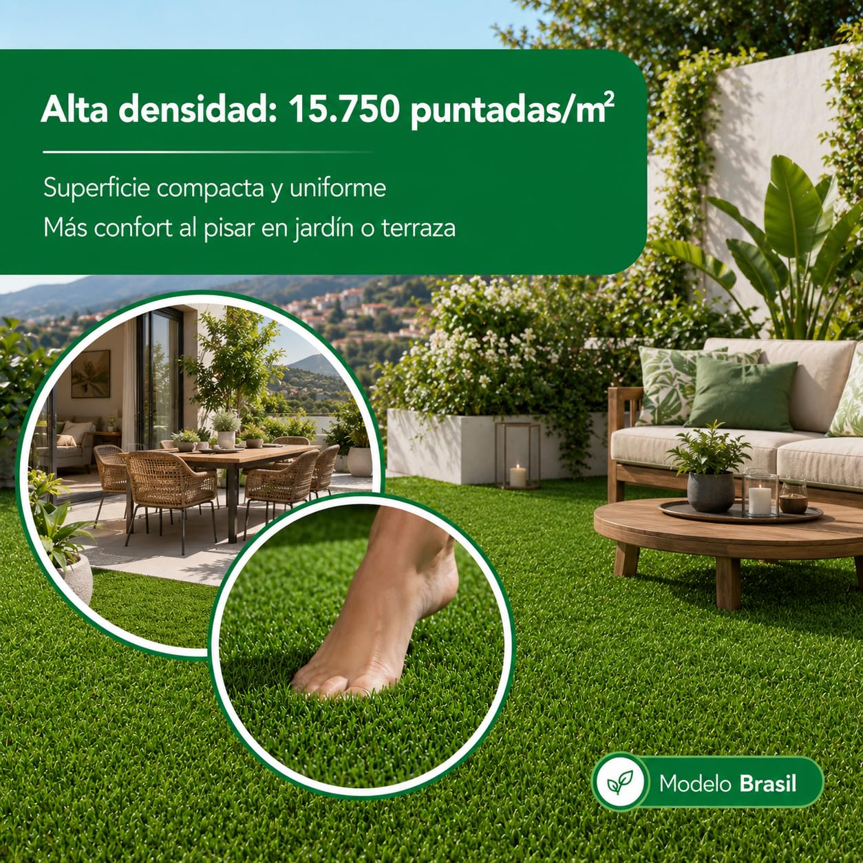 Césped Artificial Premium 25mm, Rollo de 2x10 Metros, Modelo Brasil, 13.650 Puntadas, 5.900Dtex. Máximo Realismo, Alta Densidad, Ideal para Exteriores, Piscinas, Terrazas y Jardín