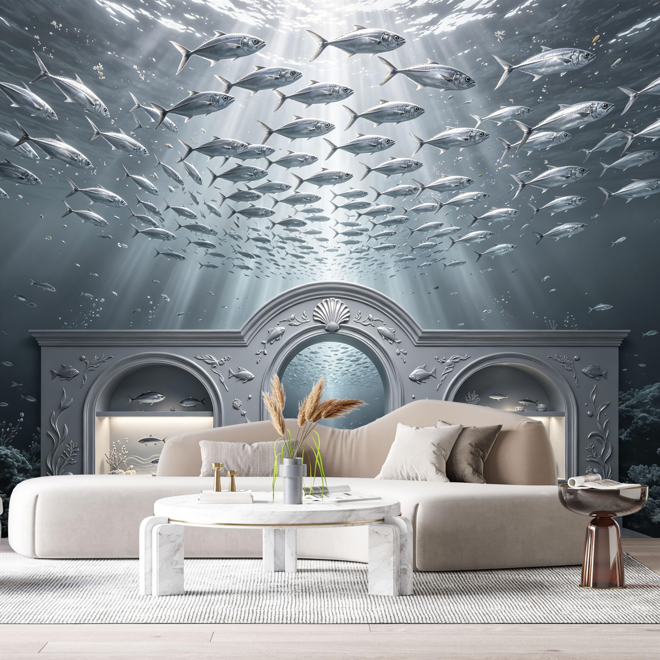 Custom Size Wall Murals Ocean Marine Underwater Archway Fish 3D Trompe L'Oeil SelfAdhesiveWall Fabric Removable Wallpaper Wall Decor for Living Room Bedroom Bathroom