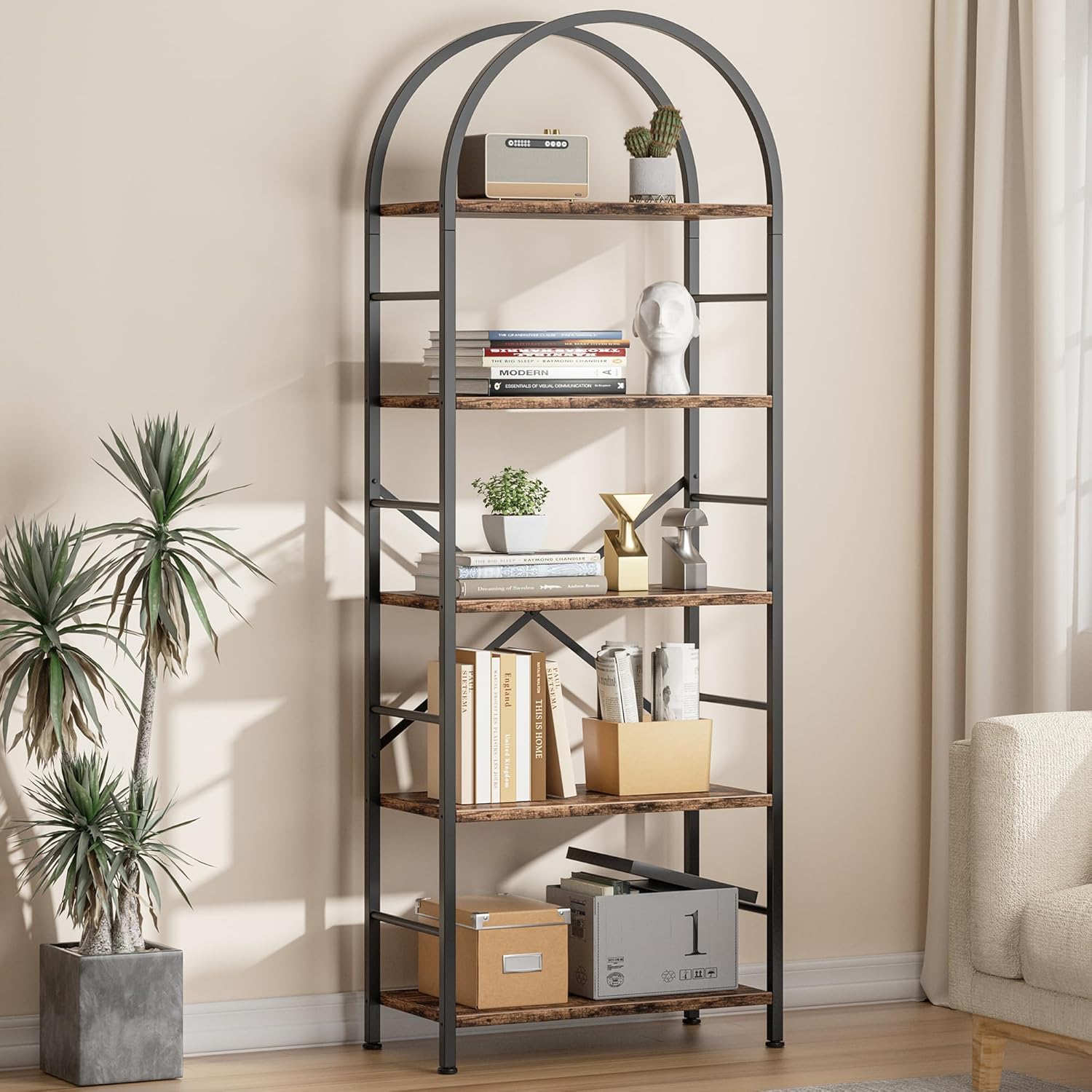 Shintenchi Bookshelf, Arched Bookshelf 5 Tier Bookcase, Tall Bookcase Shelf for CDs/Books, Home Office Bookcase Shelf Storage Organizer, Modern Book Shelf for Bedroom/Living Room, Rustic Brown