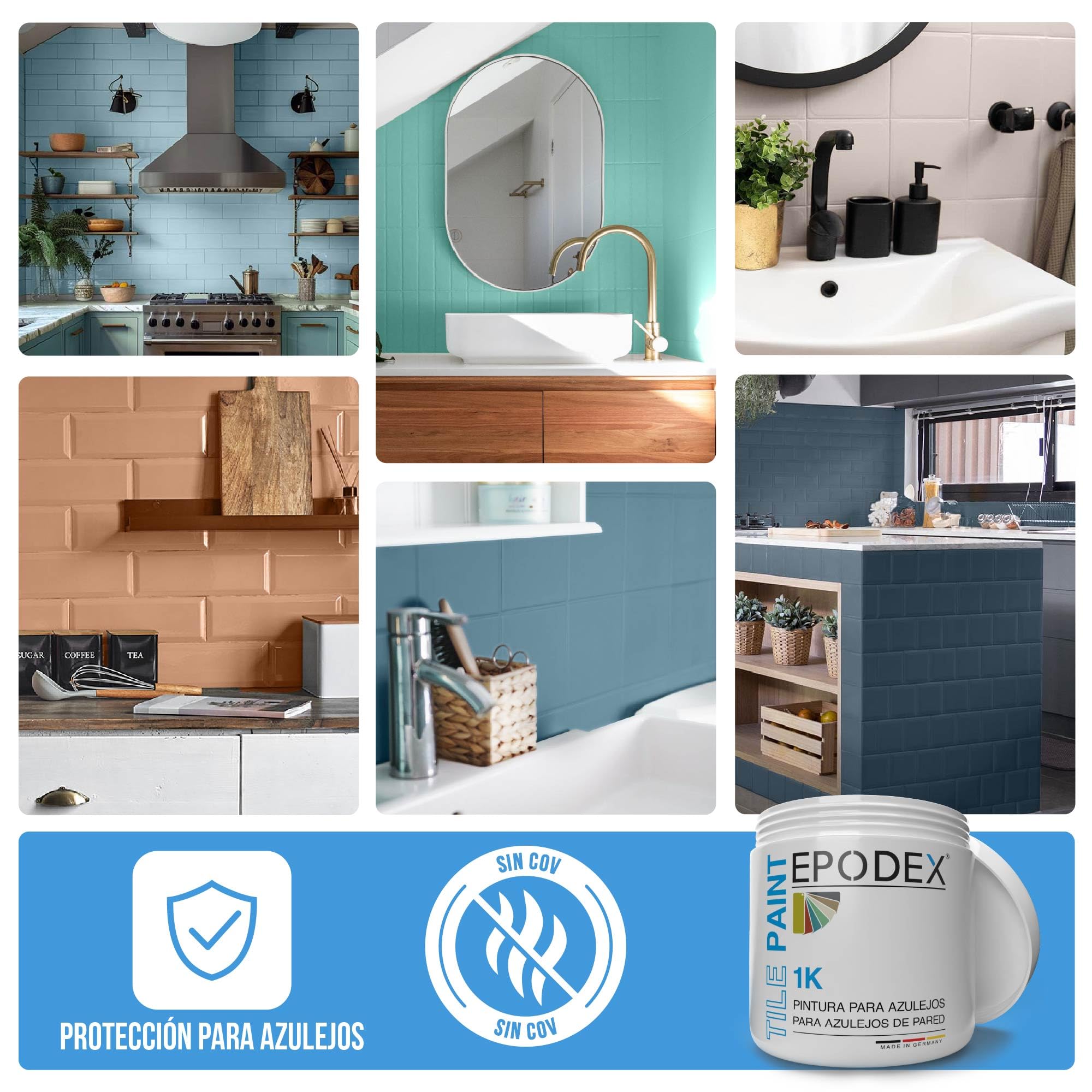 EPODEX Pintura para azulejos 1K, Pintura azulejos cocina, baño y más, Revestimiento satinado para paredes interiores, 1kg (8m² por capa) - Nordic - Pastel