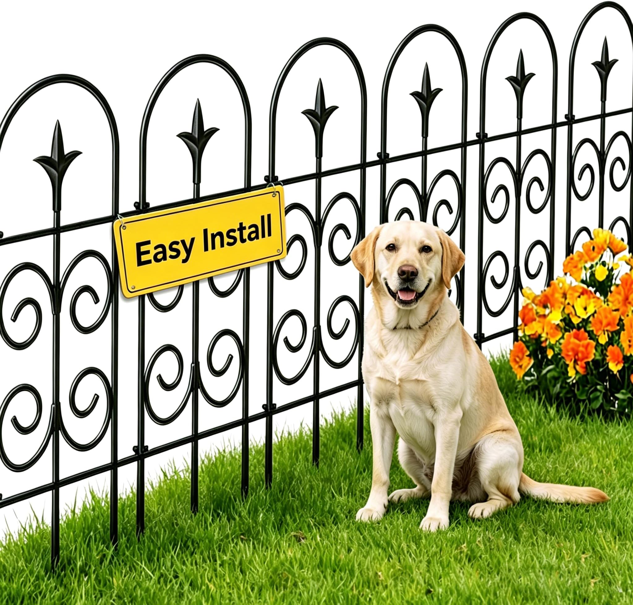 Amagabeli Decorative Pre-Linking Garden Fence 81cm(H) x 41cm(W) (8 Panels, Total Length 3.3m) Metal No Dig Fence Outdoor Border for Flower Bed, Yard, Animal Dog Barrier, Black