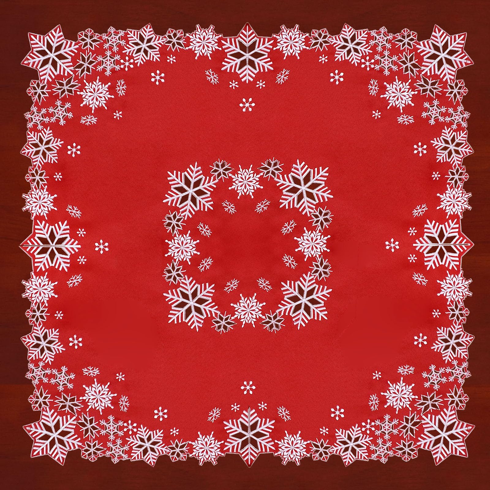 Simhomsen Embroidered Small Square Snowflakes Tablecloths Toppers for Christmas Holiday and Winter (Red, Square 34 inch) - Image 4