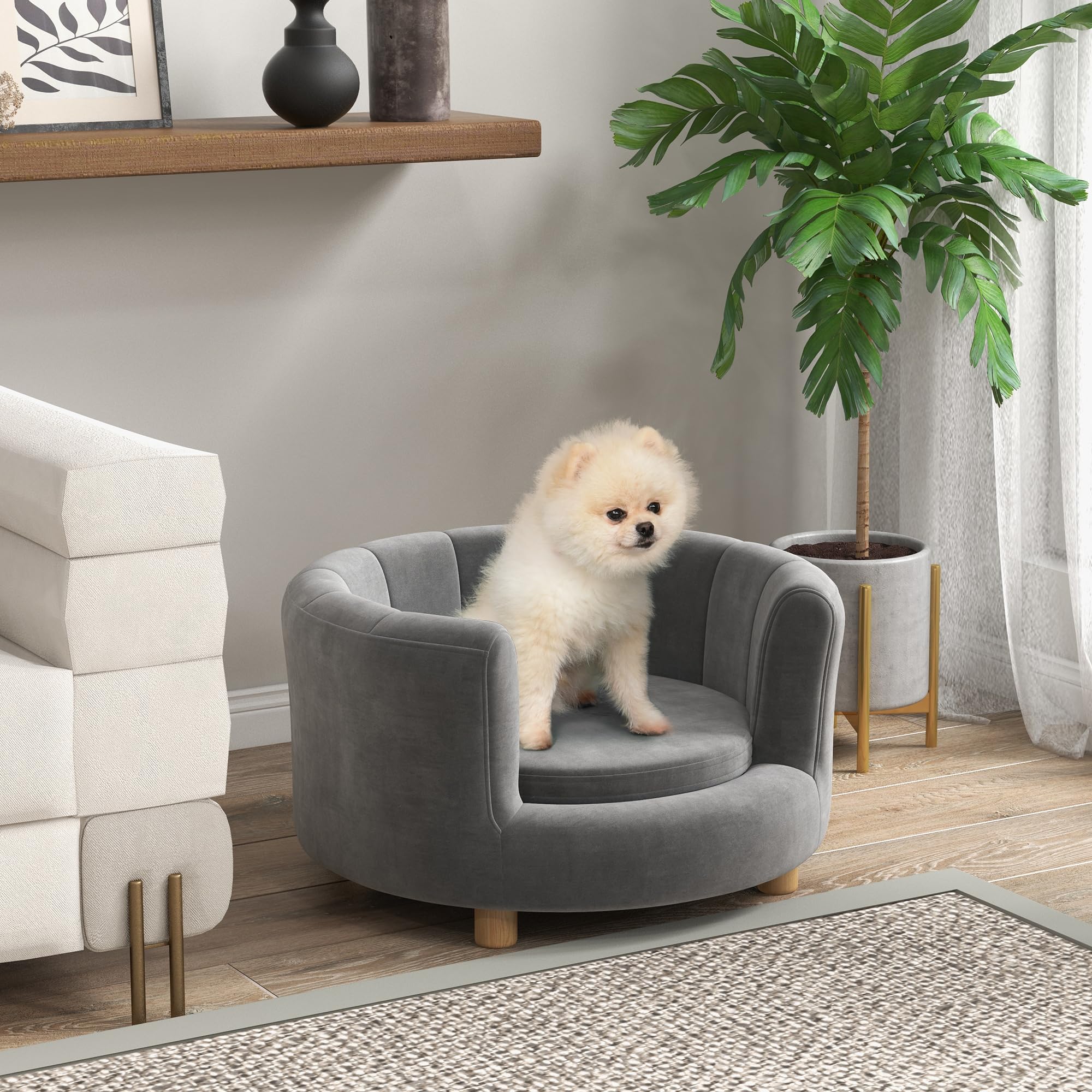 PawHut sofá para perros, funda lavable, sofá para mascotas con respaldo y patas de madera, sofá para gatos, para perros pequeños de menos de 4,5 kg, gris