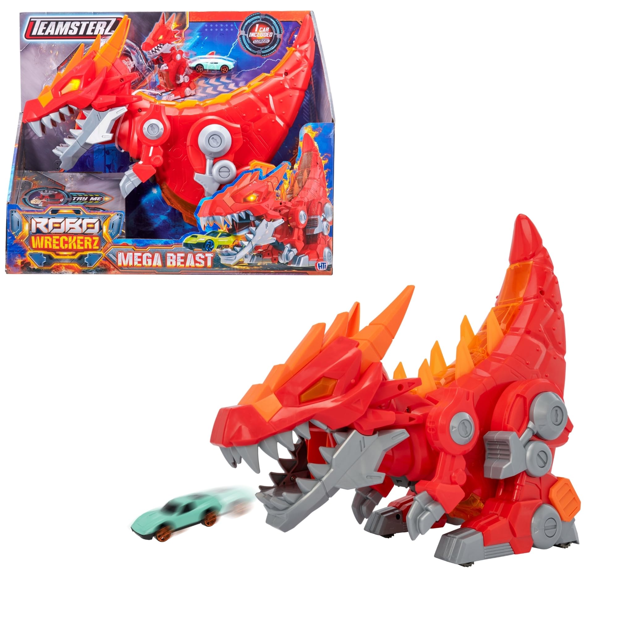 Teamsterz Robo Wreckers Mega Beast Playset | Motorised Walking Dragon with Lights & Sounds | Launches Die-Cast Cars from Mouth | Includes 1 Die-Cast Vehicle | Action Toy for Kids Boys & Girls | 3+