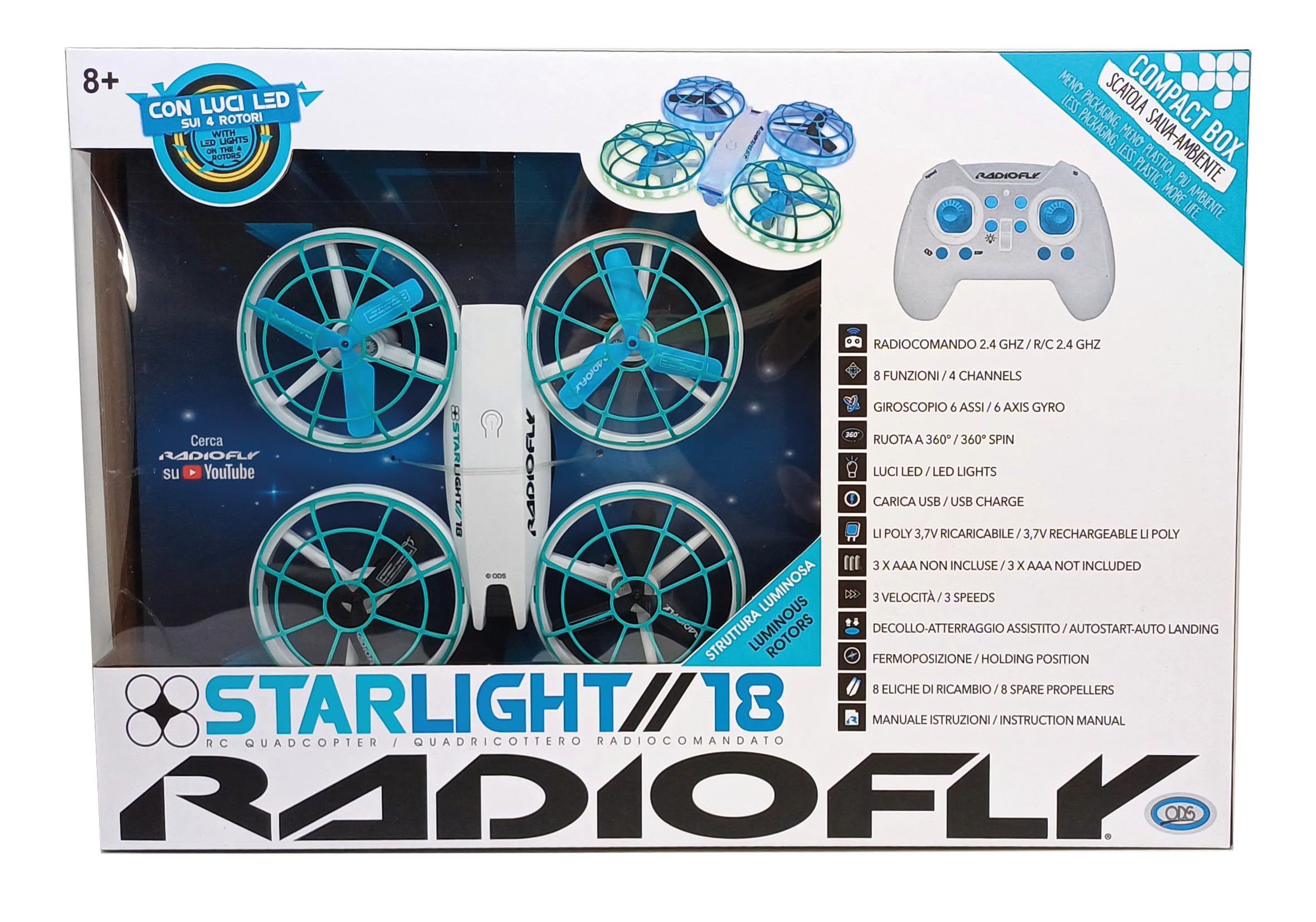 Radiofly - Starlight // 18 RC 2.4 GHz, misura 17 x 17 x 4.8 cm 8 funzioni, fermoposizione, decollo/atterraggio assistiti 3 velocità, flip 360 LUCI LED NEI 4 ROTORI