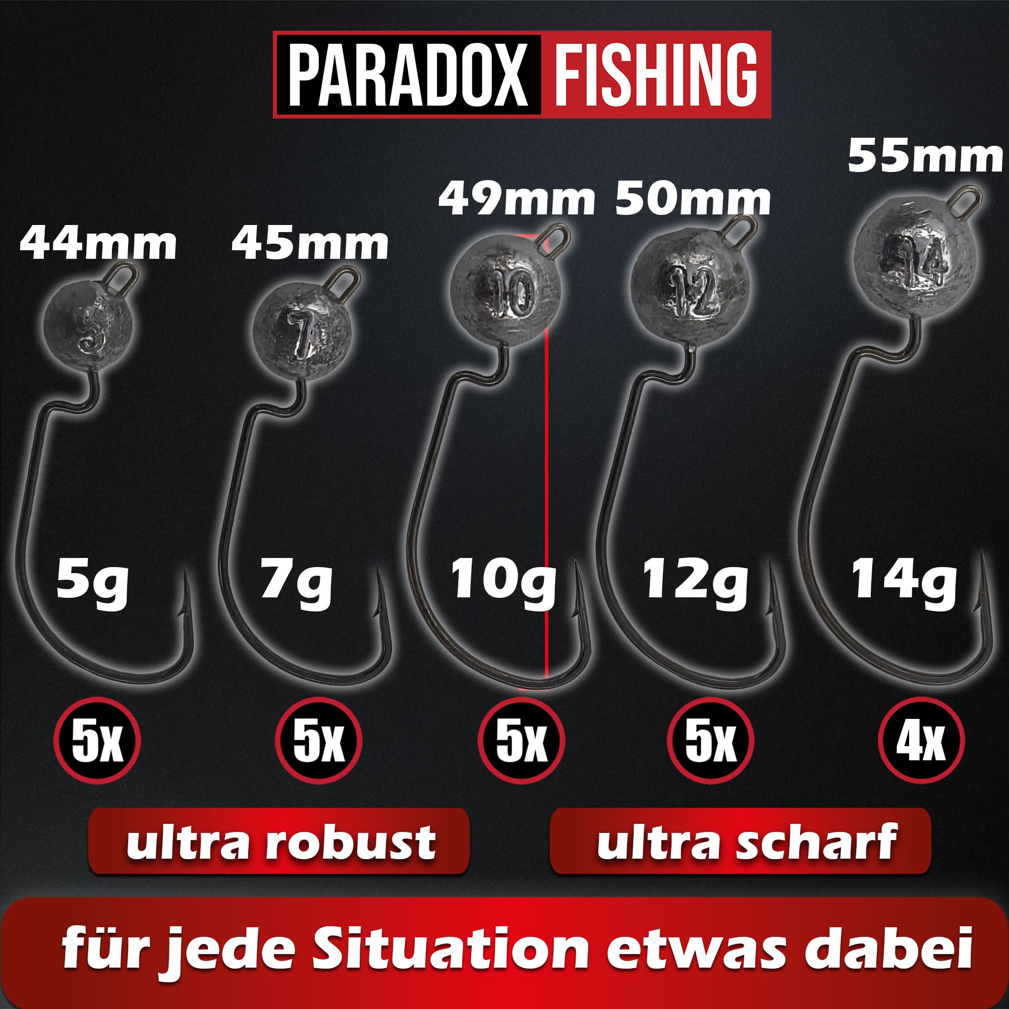 Paradox Fishing Set di ganci offset premium (3.5 g/5 g/7 g/10 g/14 g), 35 pezzi, 5/4 pezzi, ganci per pesci di gomma, set Jig Head