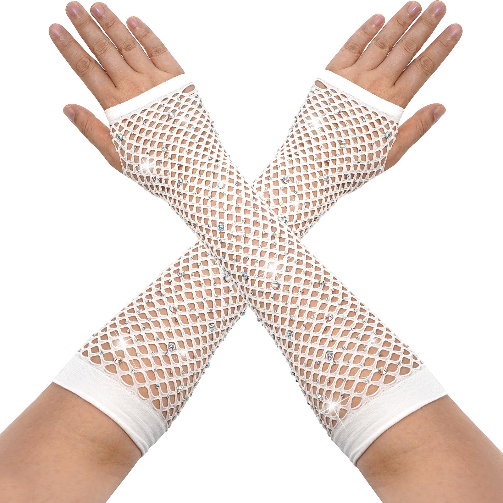 MESU Women Fishnet Rhinestone Fingerless Gloves Sparkly Mesh Gloves for 80s Party Cosplay White