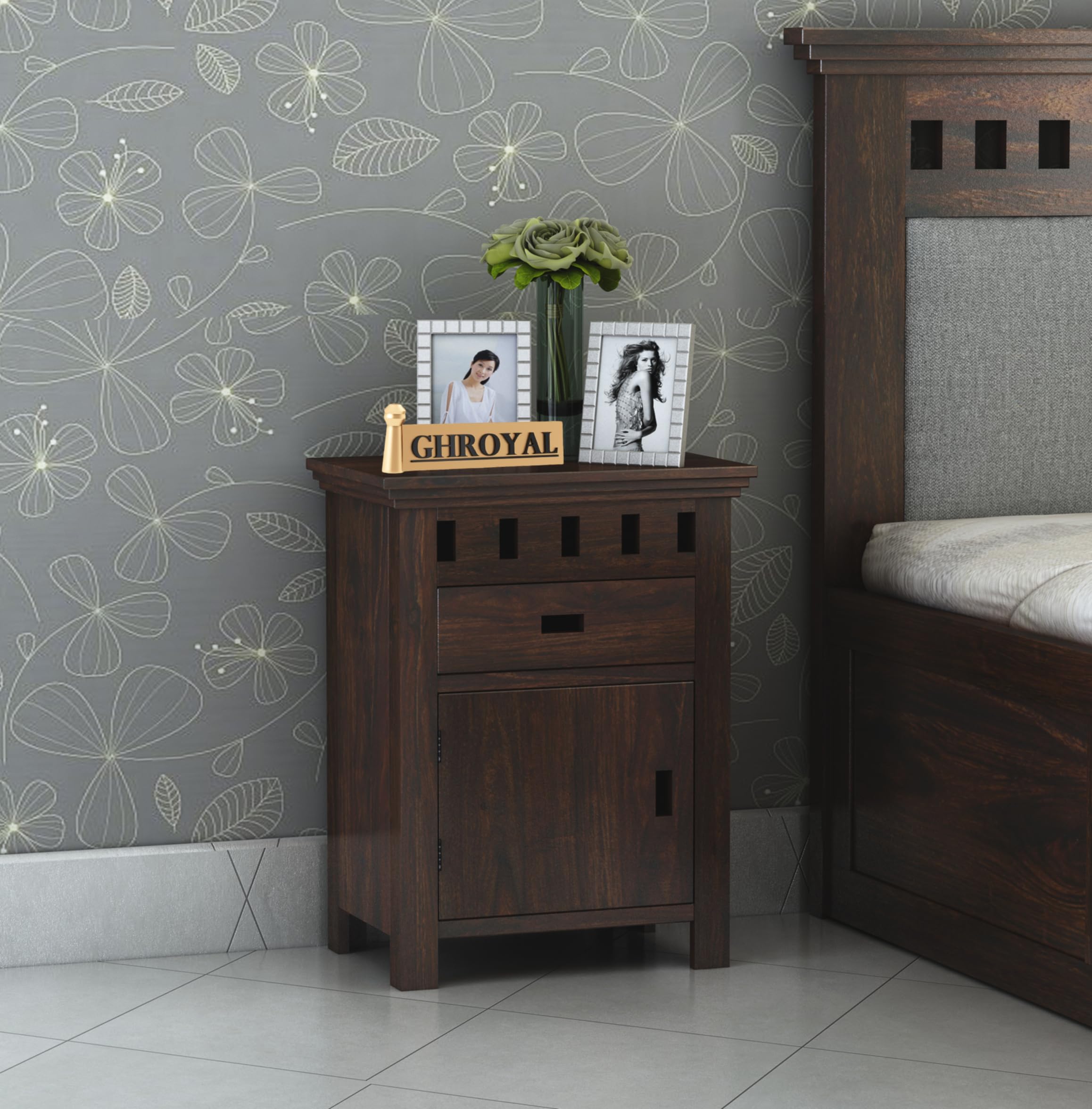 GHROYAL Sheesham Wood Bedside Table with One Drawer and Cabinet Storage for Bedroom, Living Room, Office Nightstand Sofa Side Table End Table Furniture (Walnut Finish)-image-39