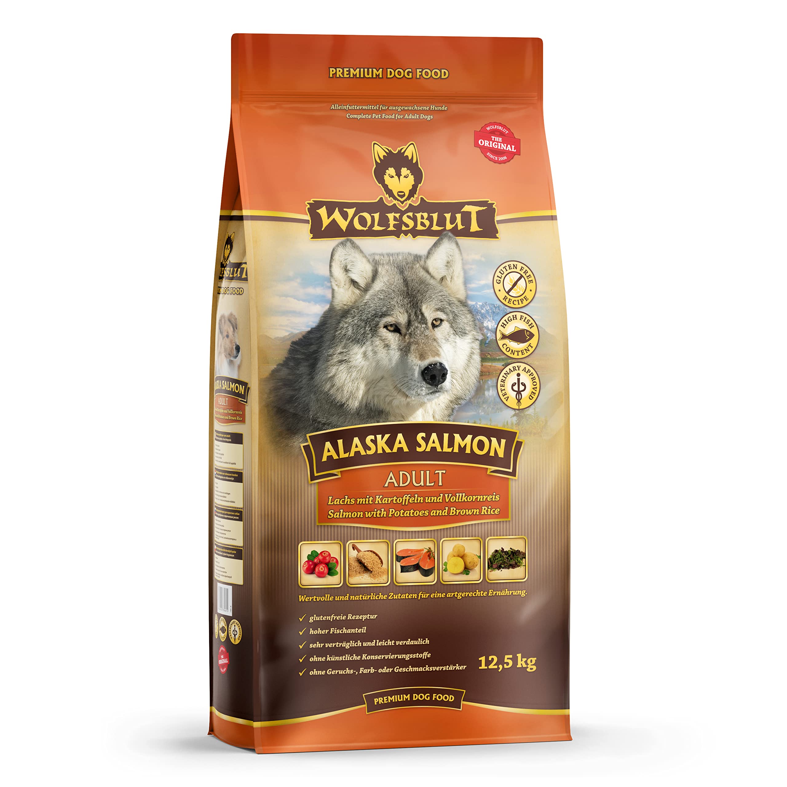 WOLFSBLUT – Alaska Salmon Adult | Trockenfutter mit natürlichen Zutaten und wertvollen Superfoods für ausgewachsene Hunde. Getreidefreies Alleinfutter ohne Zusatzstoffe im Beutel | 12,5kg Lachs
