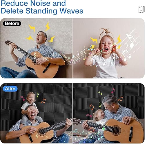 Miniatura 5 de Paquete de 48 paneles acústicos autoadhesivos, paneles de pared de 1 x 12 x 12 pulgadas, paneles de sonido de alta densidad y recuperación rápida,