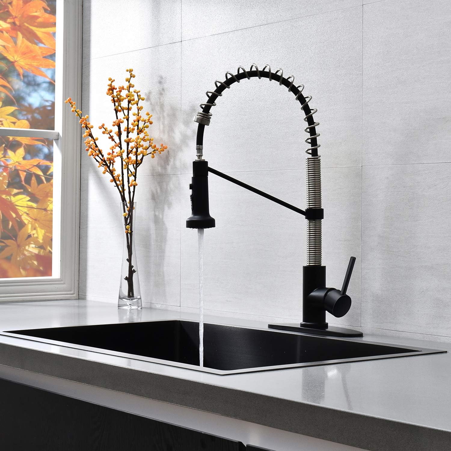 Up To 40% OFF Ufaucet Modern Lead Free Pull Down Single Hole Spring Kitchen Faucet, Single Handle One Sprayer Single Level Stainless Steel Kitchen Sink Faucet with Deck Plate