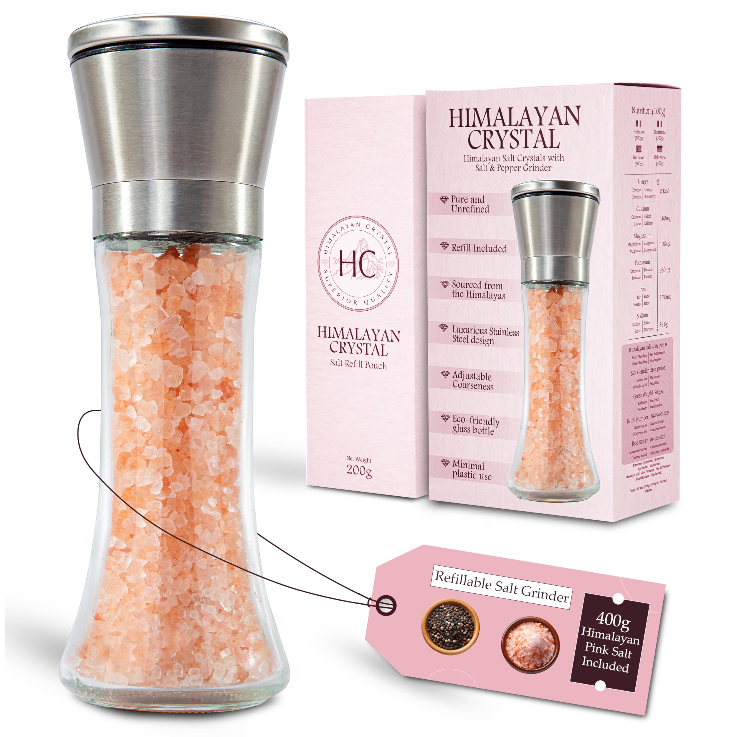 HC 200g Himalayan Pink Salt and Pink Himalayan Salt Grinder | 200g Extra Himalayan Rock Salt Refill | Pink Salt Himalaya with Salt and Pepper Mill |Himalayan Coarse Salt and Pepper Grinder for Kitchen