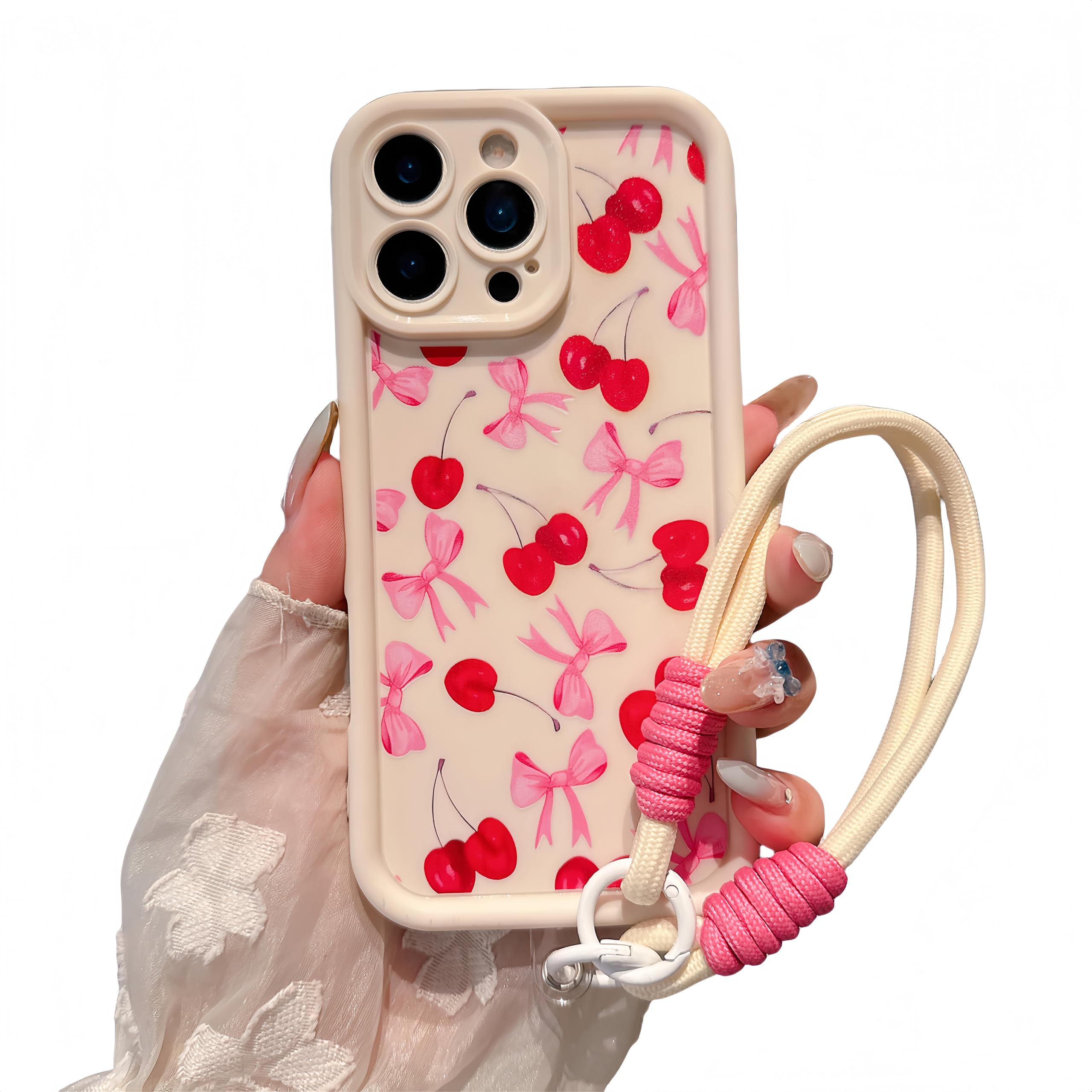 FXFOOT Aesthetic Pink Bow Cherry Phone Case Compatible for iPhone 15 Case, with Adjustable Anti-Drop Wrist Strap - Full-Body Shockproof Protection,