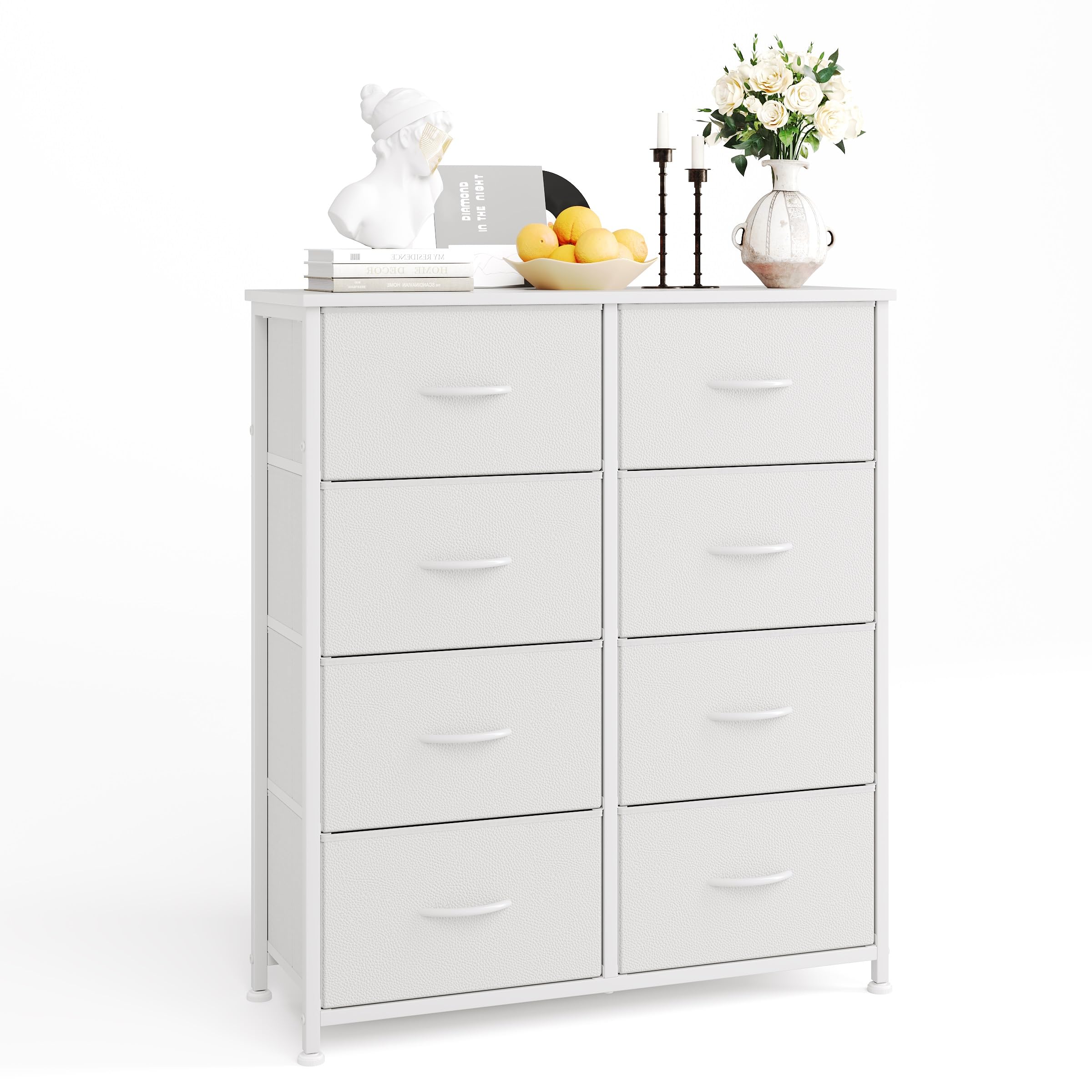 CAIYUN 8 Drawer Dresser, Tall Fabric Chest of Drawers with Wooden Top & Sturdy Metal Frame, Vertical Storage Cabinet for Bedroom, Closet, Nursery, Living Room,White