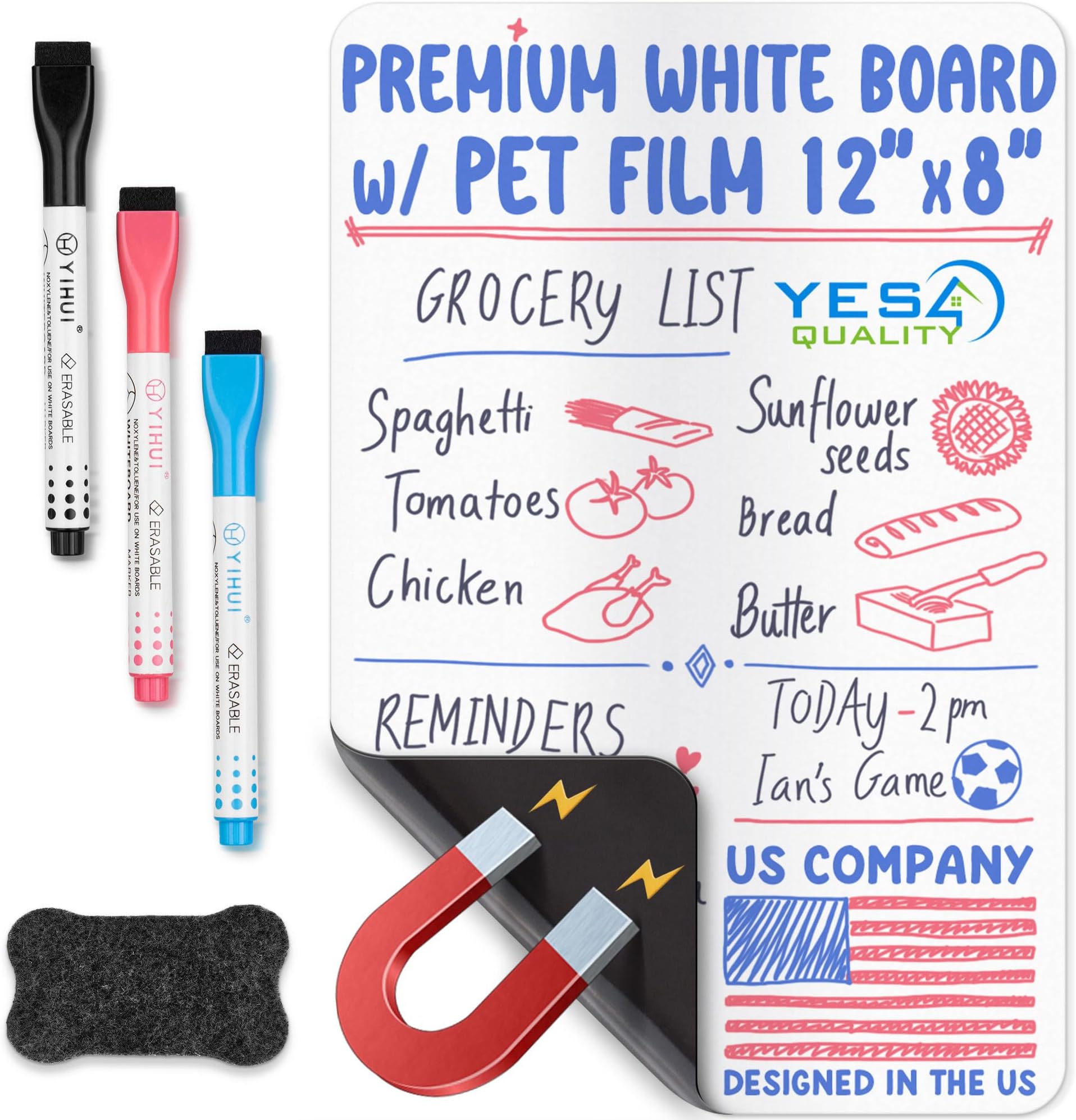 YES4QUALITY Magnetic Dry Erase White Board Sheet for Fridge 12x8 in, with Stain Resistant Technology, Includes 3 Markers and Big Eraser with Magnets, Small Refrigerator Whiteboard Planner