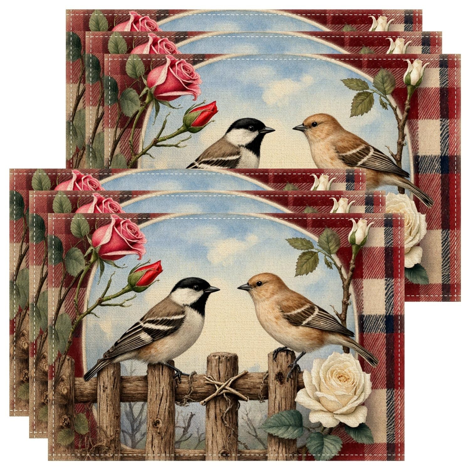 Vintage Birds Placemats, Rustic Floral Decorative Place Mats for Dining Table, Spring Summer Non-Slip Washable Indoor Outdoor Kitchen Party Placemat Set of 6
