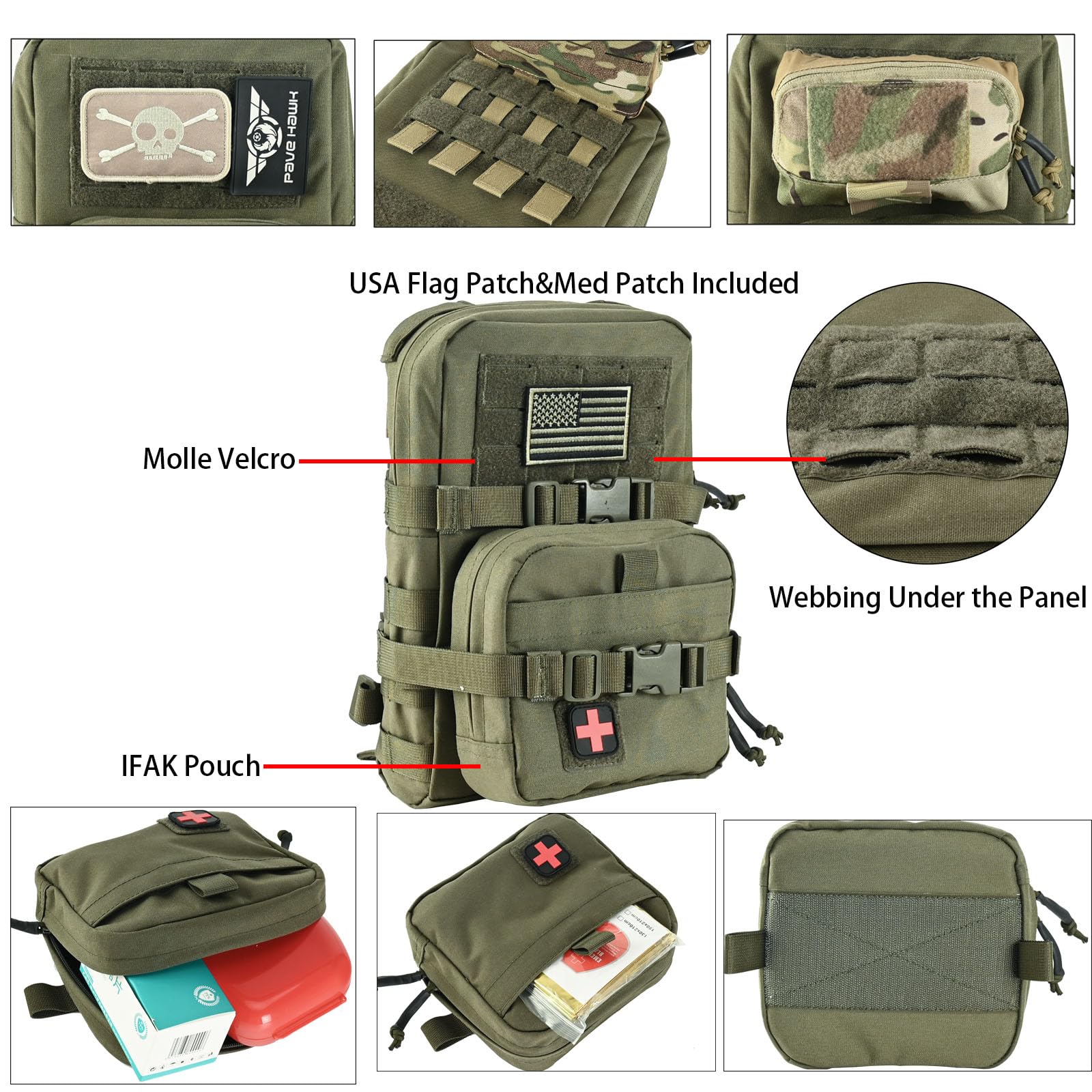 Taktischer Mini-Molle-Trinkrucksack, Molle-Trinkträger mit IFAK-Tasche & US-Flagge & Med Patch, Hydropack für 2 l Wasserblase