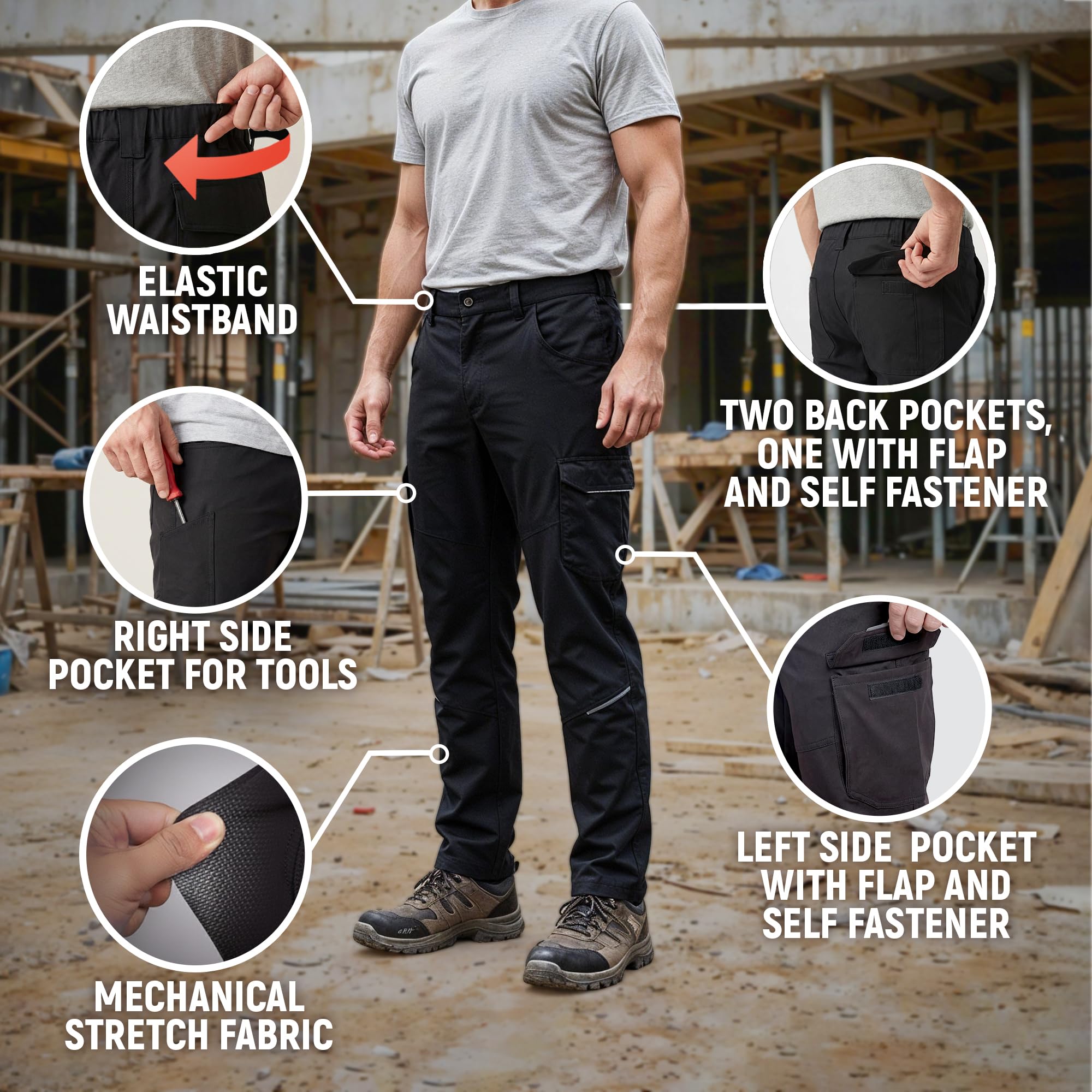 Stenso Primo Mechanische Stretchhose Für Herren - Arbeitshosen Männer Cargohose Herren Mit Elastischem Bund, T400 Stretchgewebe, Reißverschluss, Knopfverschluss, Mehreren Taschen, Schwarz