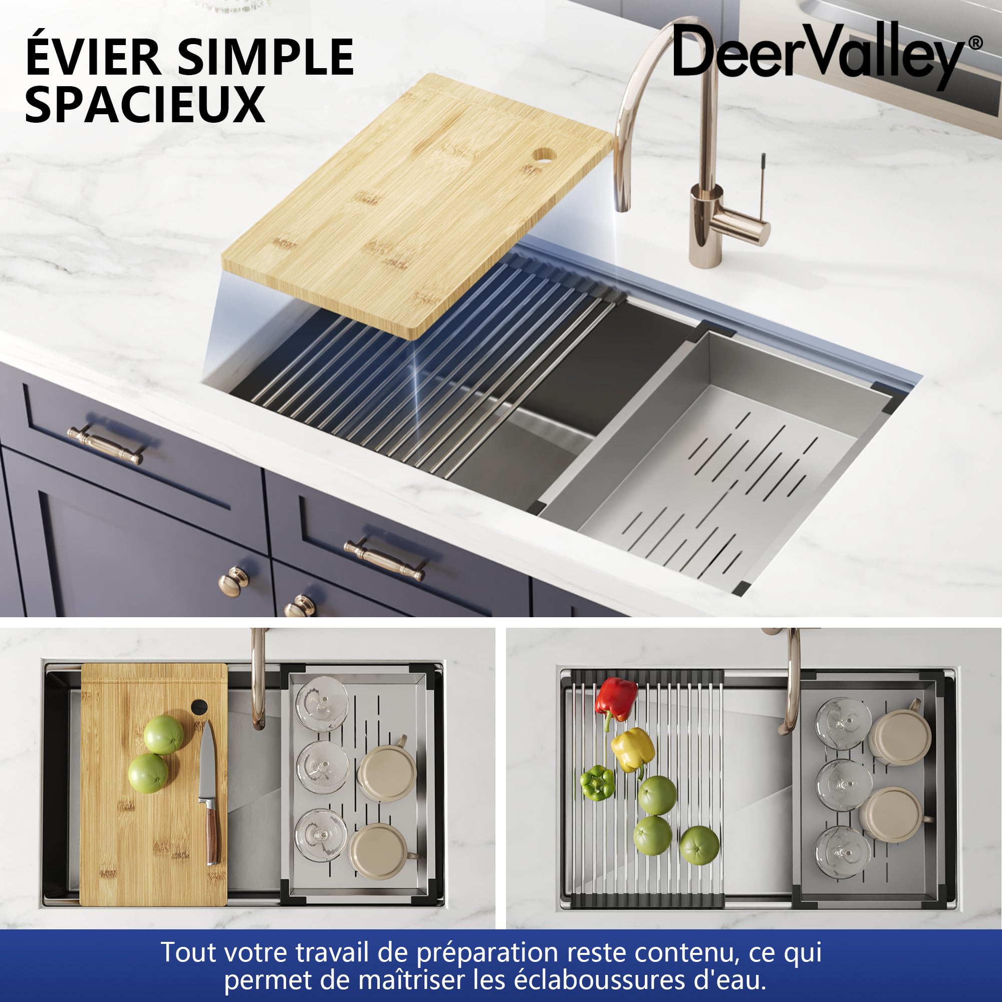 DeerValley Évier de Cuisine en Acier Inoxydable 76 x 48 cm, Evier Multifonction 1 Bac avec Mobile et planche à découper, Panier D'égouttement et Accessoires