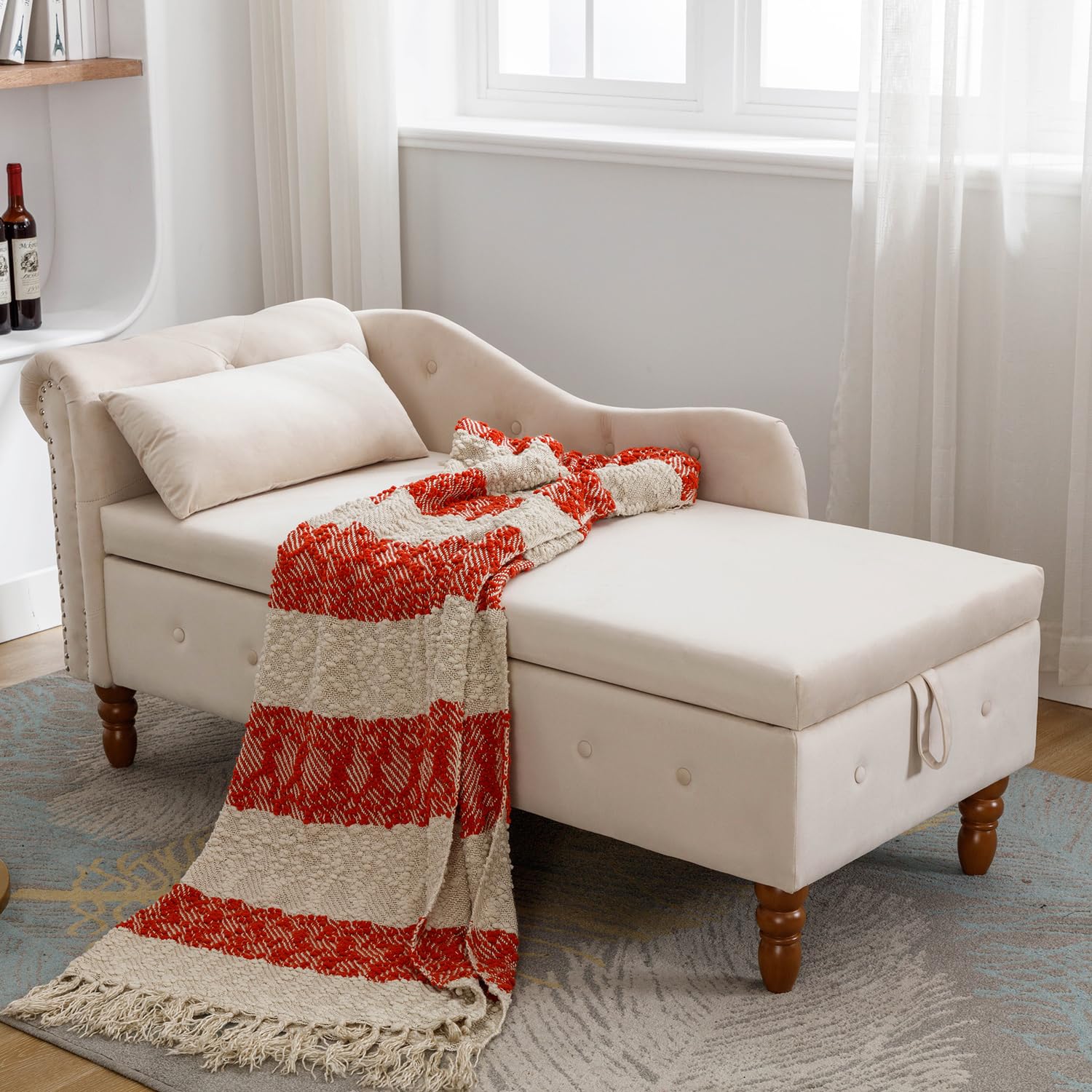 Photo 1 of BLVEAL 58.3" Velvet Chaise Lounge Chair with Storage, Tufted Upholstered End of Bed Bench with Rolled Arm, Nailhead Trim and Wooden Legs for Bedroom, Living Room, Entryway, Window