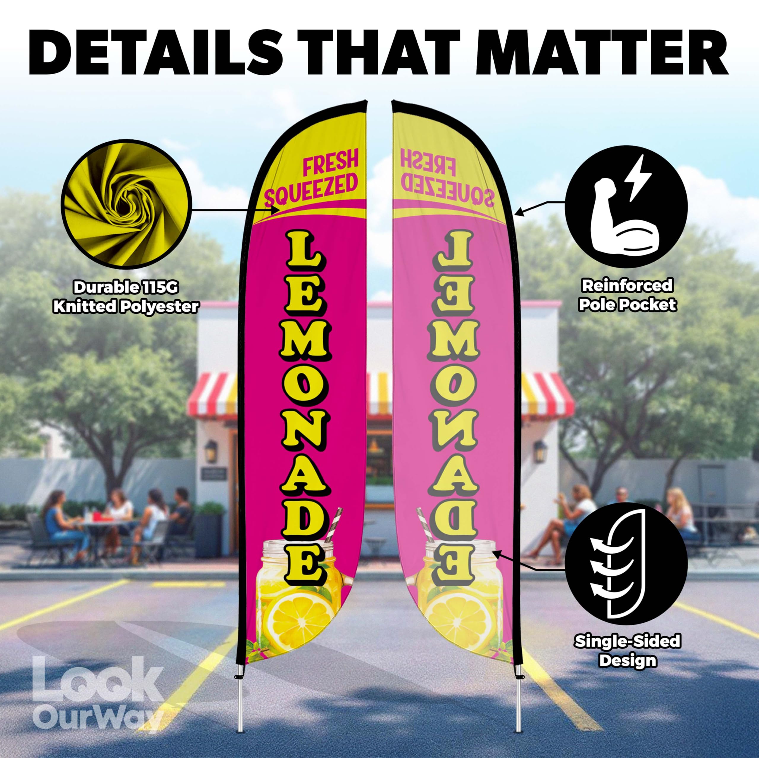 LookOurWay Federflaggenmast-Set – 3,6 m hohes Werbeflaggenbanner mit Fiberglas-Stangen-Set und drehbarem Erdspieß für Geschäftsförderung – Saftflagge – frische gepresste Limonade