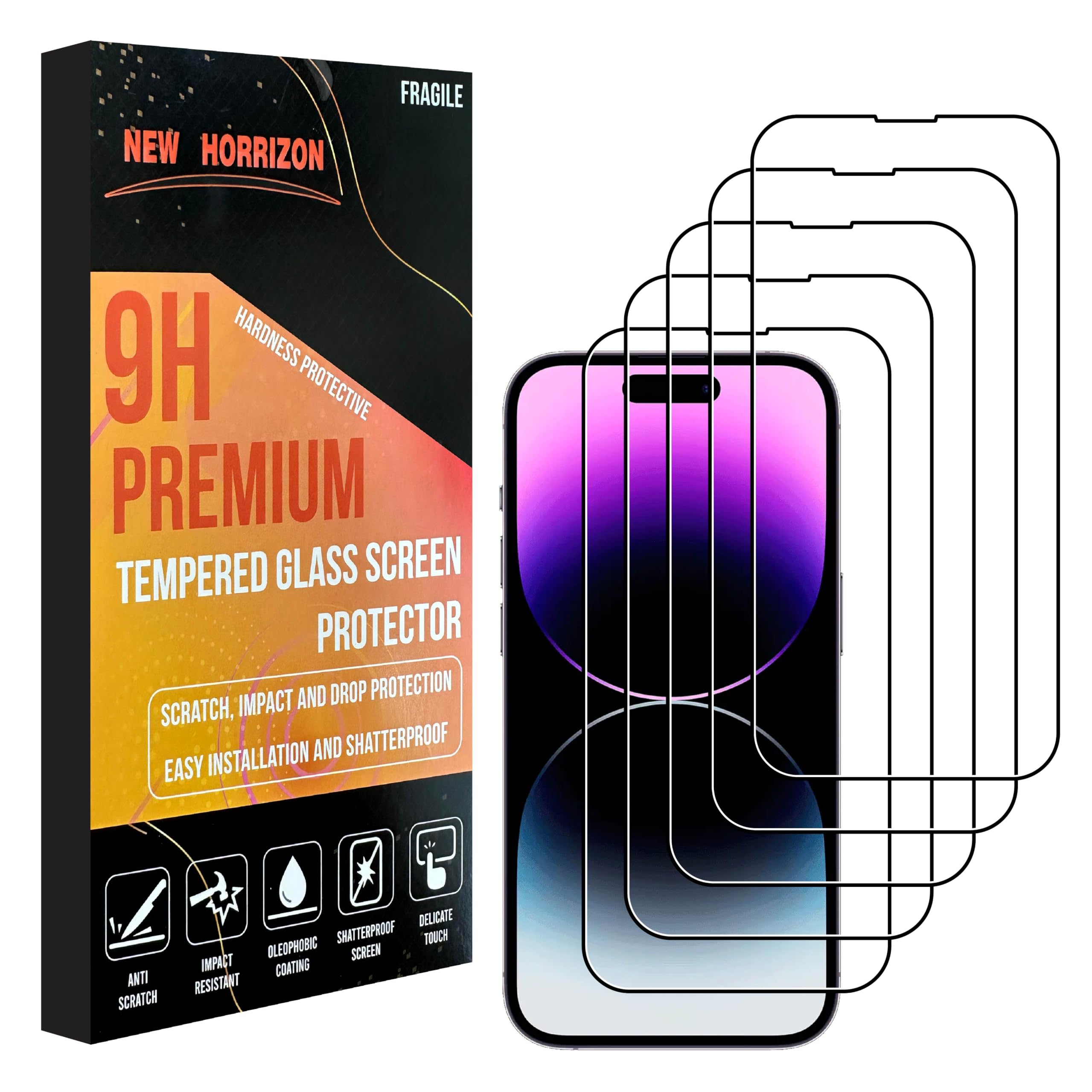 New Horrizon [5-Pack] Screen Protector for iPhone 15 & iPhone 15 Pro (6.1-Inch), Mobile Tempered Glass Screen Protector, [LifetimeSupport][Impact-Protection][Anti-Shatter][Anti-Scratch]