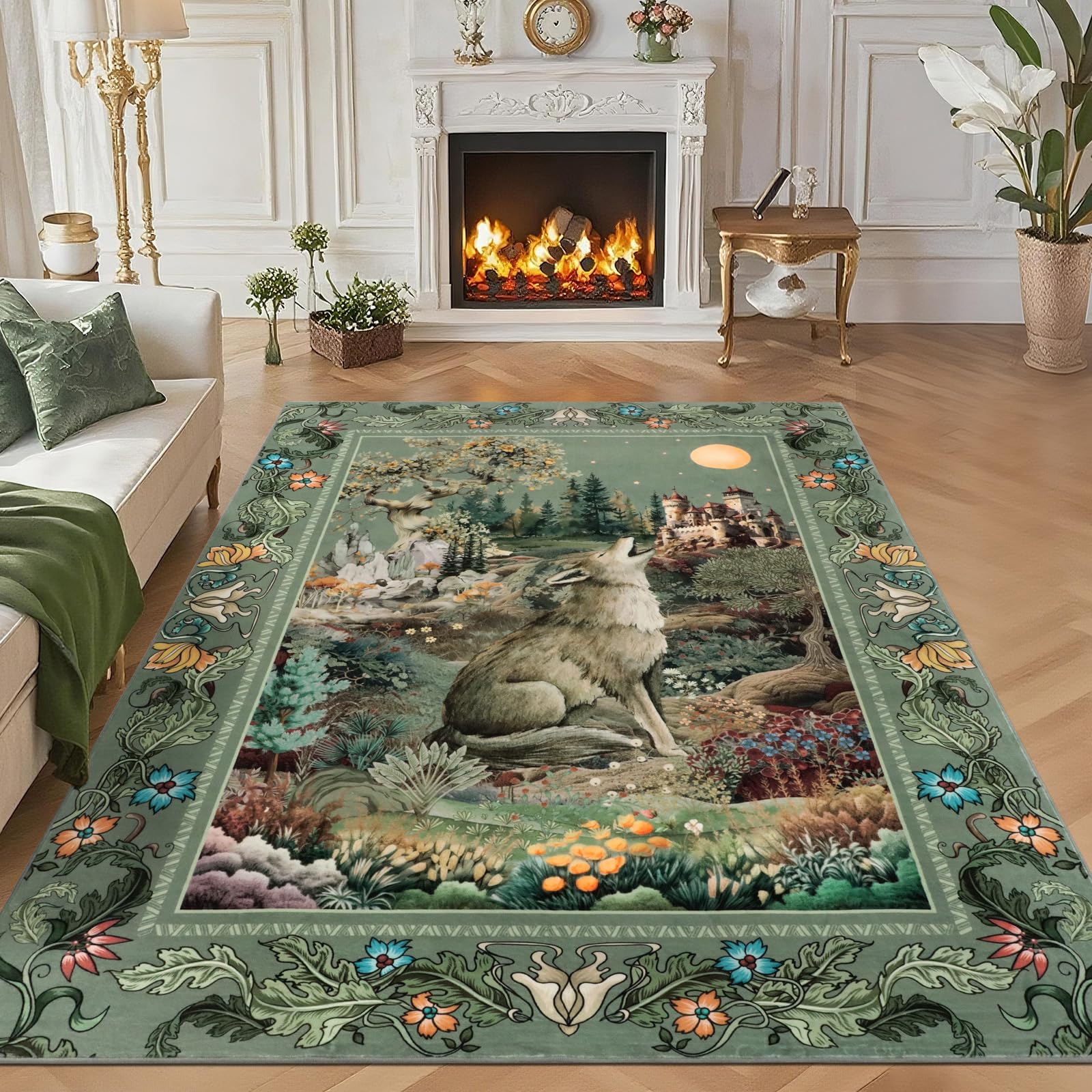 TUKDAK Wölfin Teppich Wohnzimmer rutschfest 160x230cm, Grün Waschbarer Teppich Schlafzimmer, Boho Tier Kurzflor Bettvorleger Teppiche Gegend, Fantasy Wald Teppichen für Kinderzimmer Büro Esszimmer