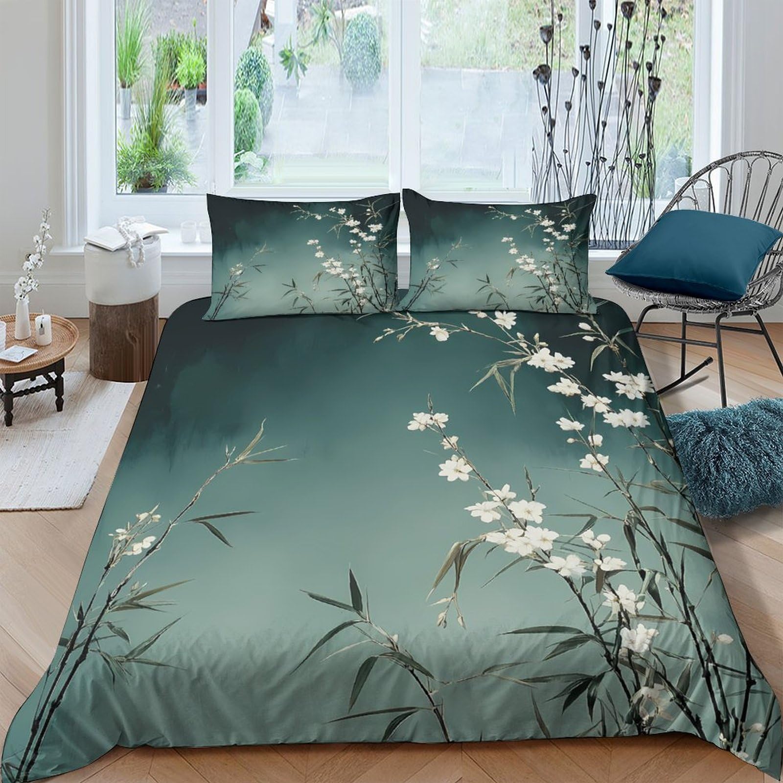 Ctjqhvkz Style-1 3D Printed Bamboo Blossom Fitted Sheet Microfiber Soft Green Floral Mattress Cover For Bedroom Guest Room Decor Single（135X200cm）