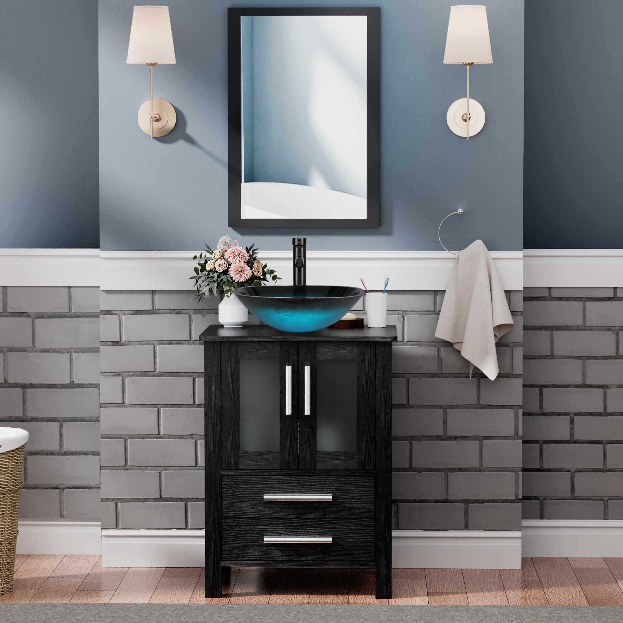 UEV Black 24" Bathroom Vanity with Tempered Glass Vessel Sink,Faucet and high-Definition Mirror Combo,Pop Up Drain and 30% Water-Saving Design,Soft