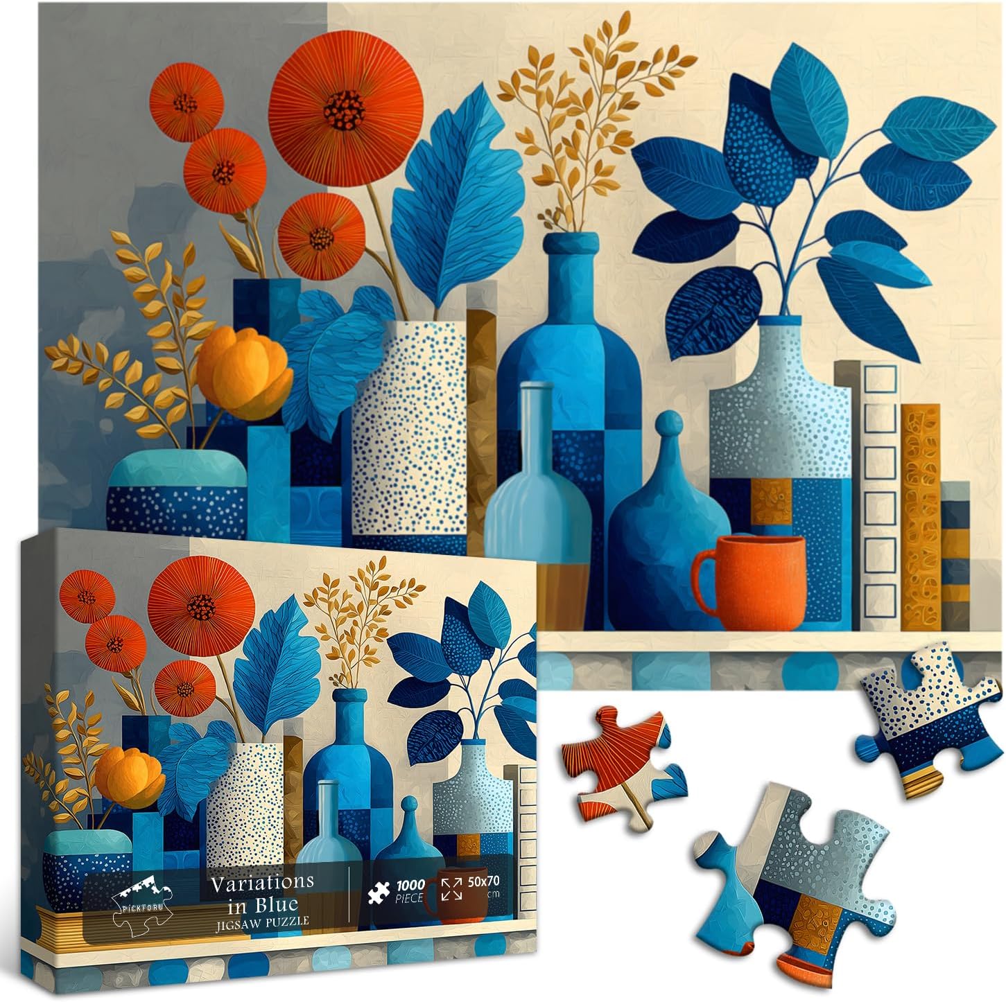 PICKFORU Geometric Vase Jigsaw Puzzles 1000 Pieces, Book Plant Puzzles for Adults, Blue Art Polka Dots Bohemian Theme as Wall Decor