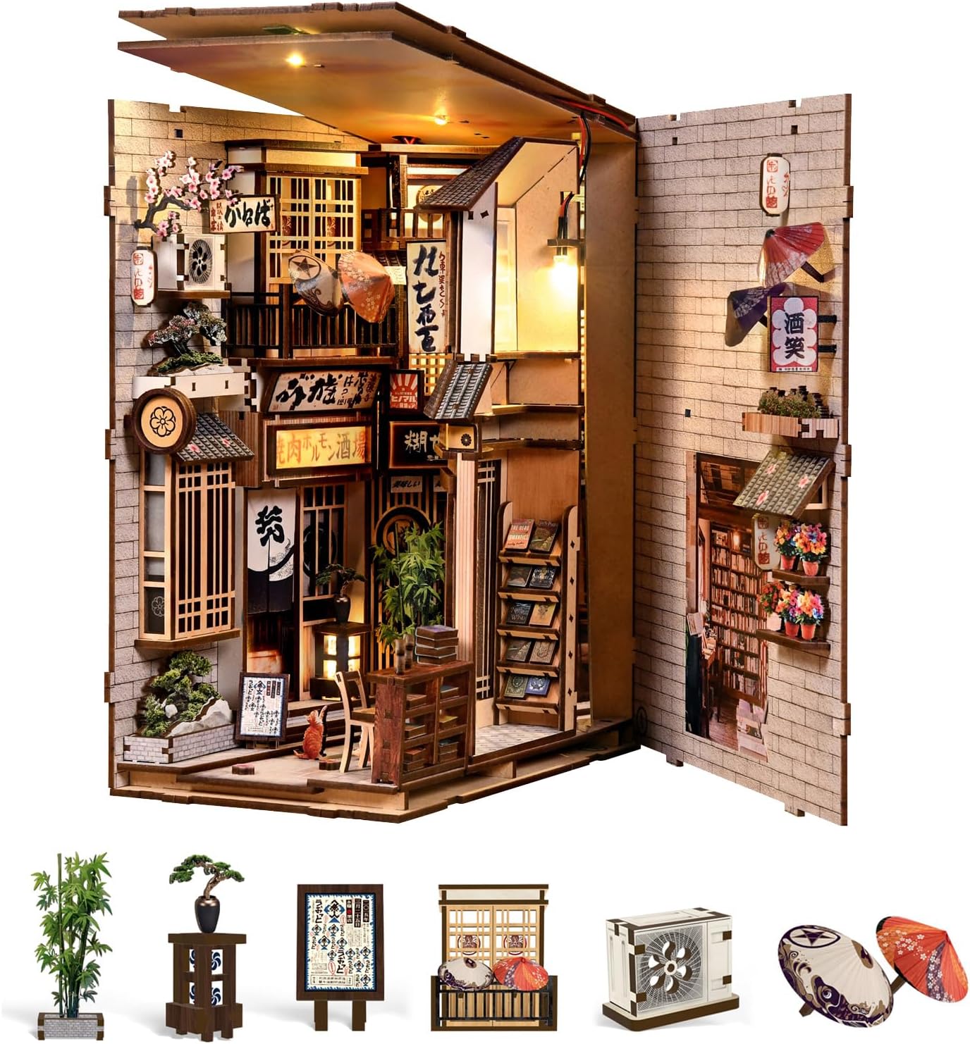 Book Nook Kit, 3D Wooden Puzzles for Adults, DIY Miniature House Kit for Adults, Booknook with LED Light, Gifts for Family, Friends and Book Lovers, Bookshelf Decor