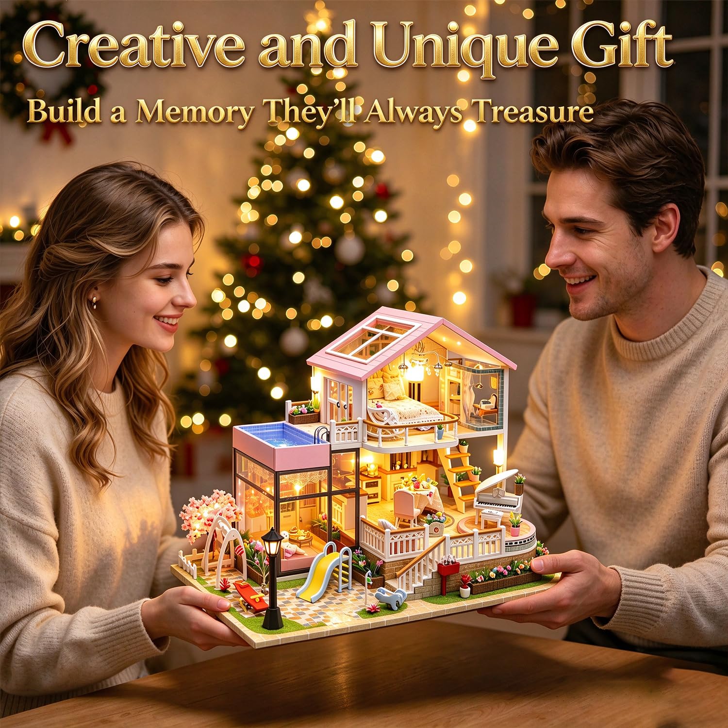 Diorama Maquette de construction avec housse anti-poussière pour maison de poupée miniature à faire soi-même avec boîte à musique et lumières LED, mini maison de puzzle en bois 3D, modèle d'art