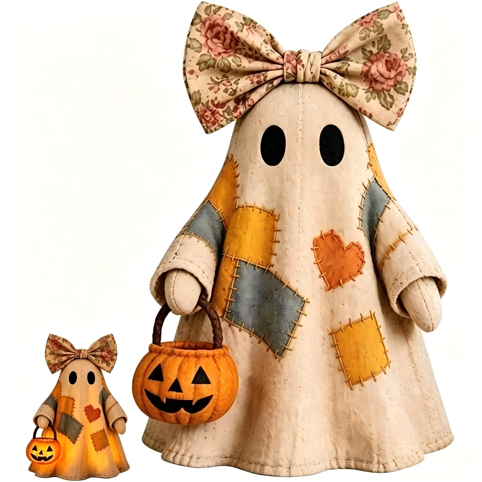 Lighted Vintage Patchwork Ghost Halloween Decor, LED Ghost Tabletop Figurine with Pumpkin Lantern, Rustic Farmhouse Ghost Decoration, Cute Fall Shelf Mantel Centrepiece for Home Office Tiered Tray