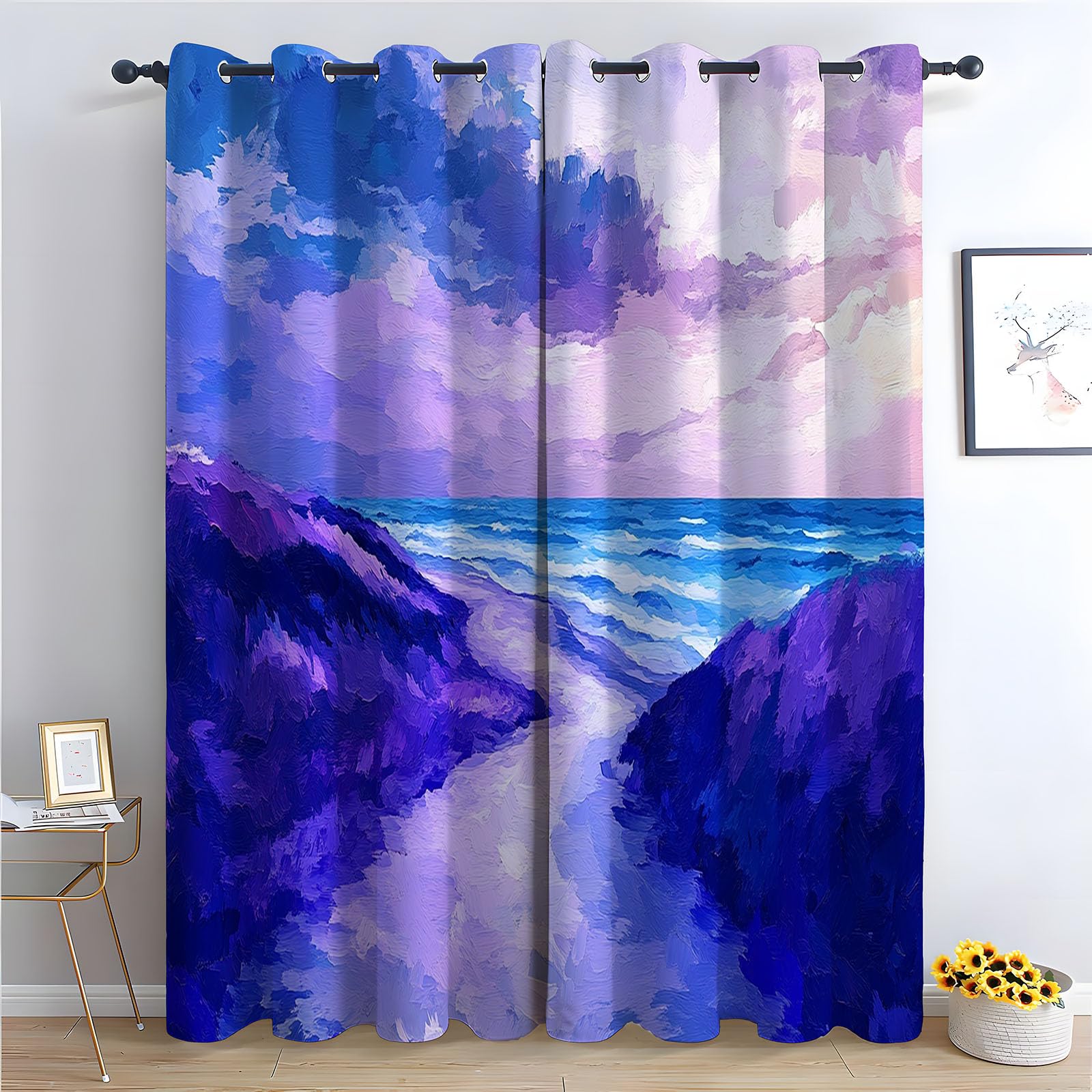 WQBQKKX Abstract Line Curtains Soft Oceans Curtain for Bedroom Flowers Green Leaf Eyelet Thermal Insulated Drapes-52 W x 108" L (Pack of 2)