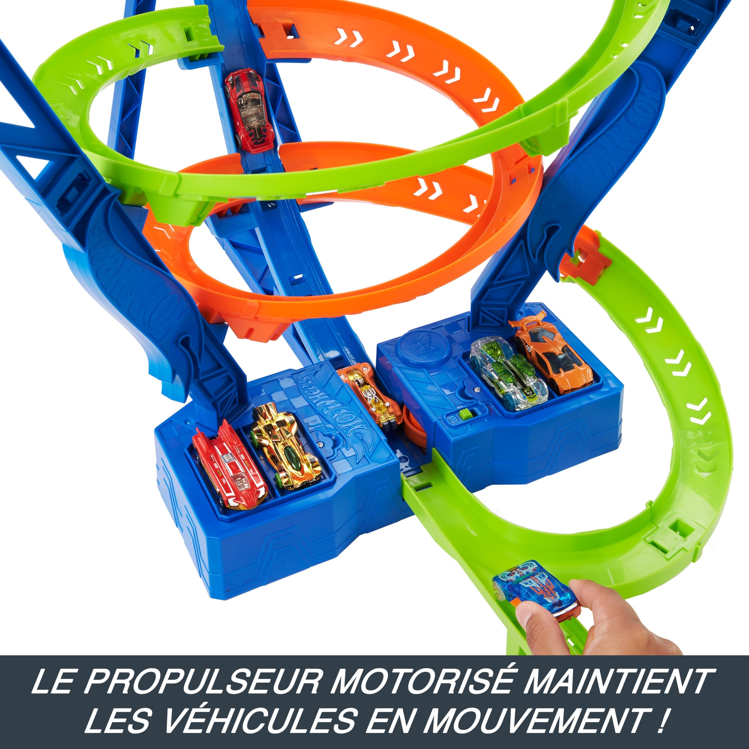 Hot Wheels Coffret Piste Cyclone Crash, Grand Circuit motorisé (70 cm de Haut) avec 3 Zones de carambolages, 1 véhicule Inclus, Jouet Enfant, HJT51