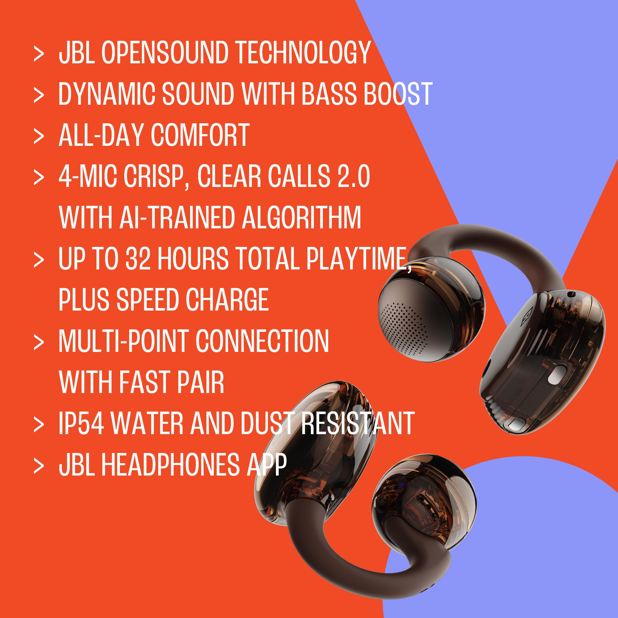 JBL Soundgear Clips Gerçek Kablosuz Açık Kulak Kulaklık, SonicArc Tasarım, 32 Saate Kadar Toplam Çalma Süresi, 4 Işın Oluşturan Mikrofon, IP54 Suya ve Toza Dayanıklı, JBL OpenSound Teknolojisi, Ghost