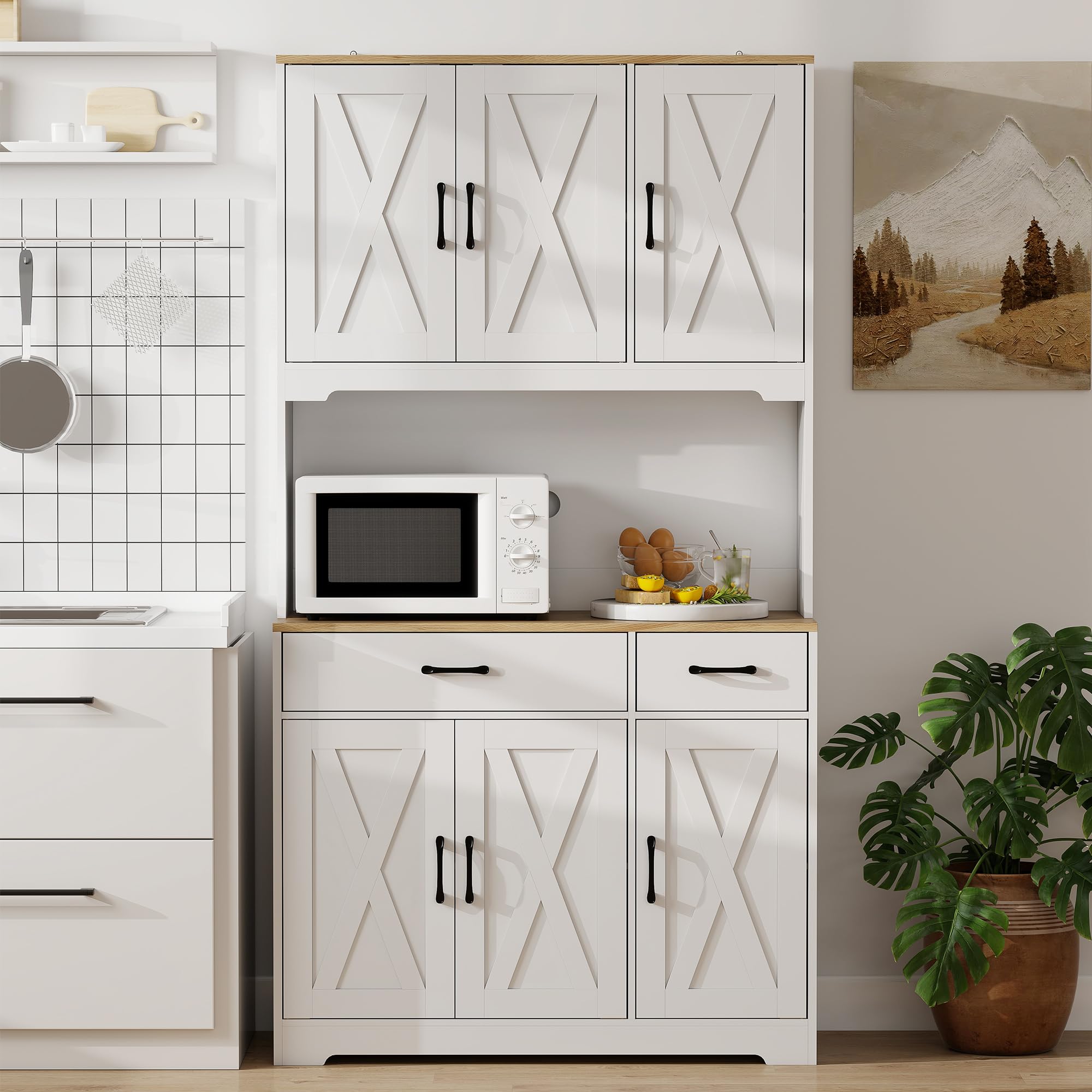 HOMCOM Alacena de Cocina Alta, Mueble Auxiliar de Cocina, con 6 Puertas, Encimera Abierta para Microondas, 2 Cajones, Estantes Ajustables, Orificio para Cable, 94x39,5x175,2 cm, Blanco