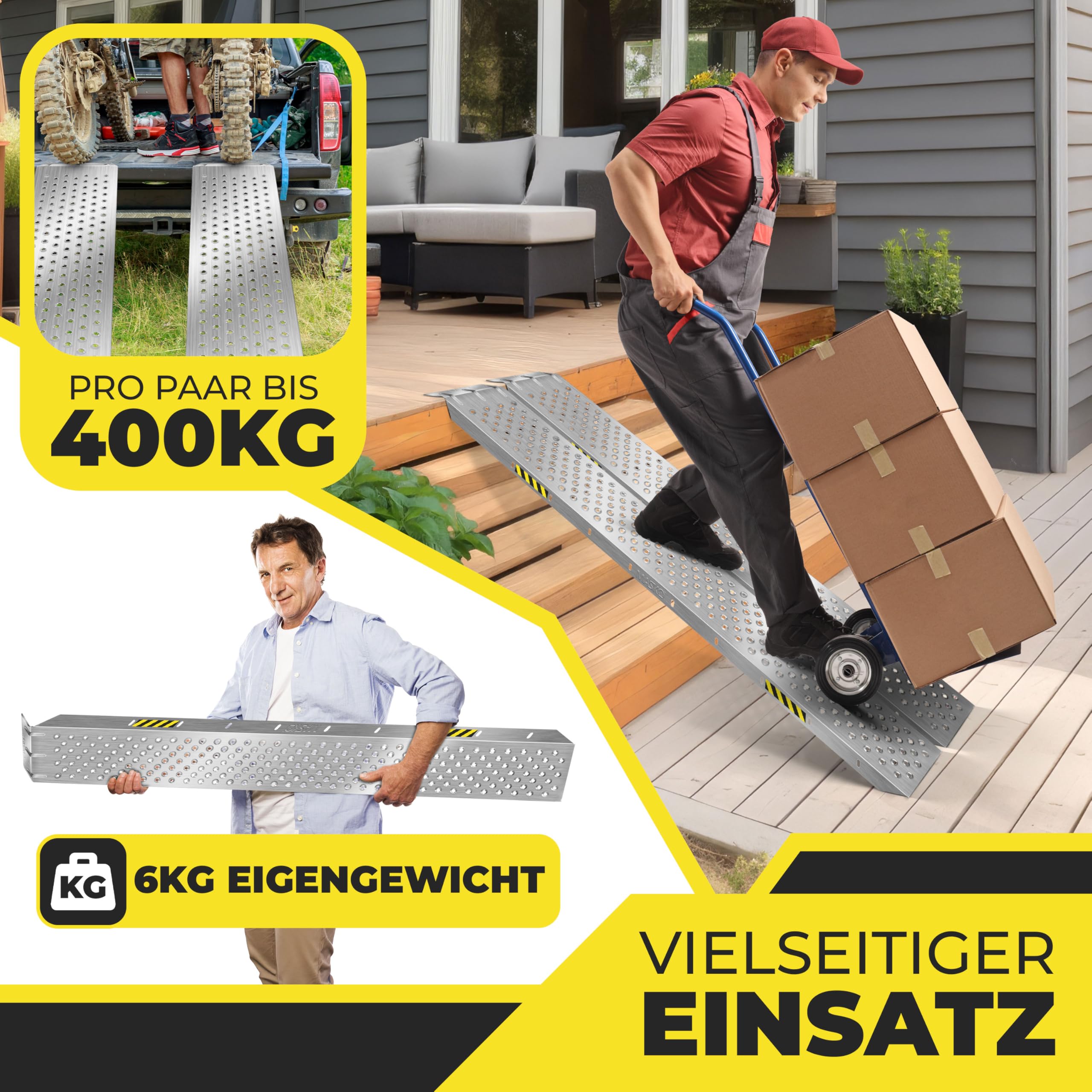 MASKO® 2X Auffahrrampe | Verladerampe | Verladeschiene | verzinkter Stahl | Antirutsch | 200kg* Pro Stück | Max 400kg* Pro Paar | Motorrad ATV Quad PKW Auto Laderampe | Anhängerrampe