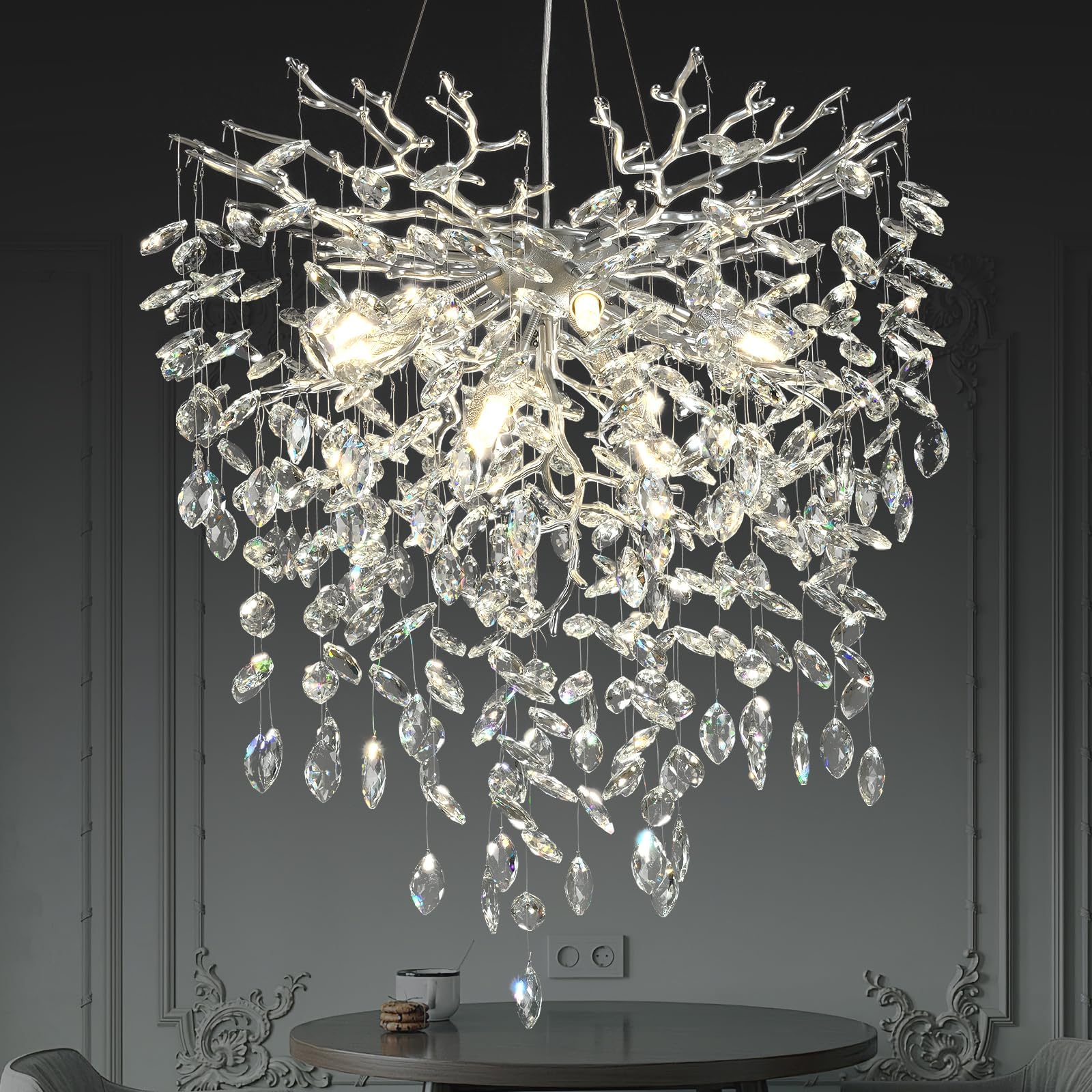 HJCKJSMEOU 32 inch Crystal Chandelier for Dining Room, Round Gold Tree Branches Chandeliers, Top K9 Modern Kitchen,Foyer Entryway,Luxury Adjustable Hanging Chandeliers