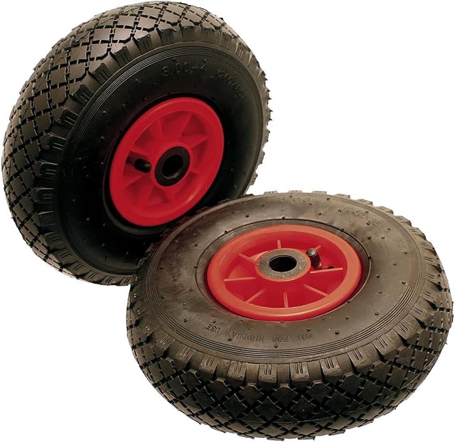A Pair of 10 inch Pneumatic Wheels Size 3.00-4 300-4 300x4 (260 x 85) Needle Roller Bearing to Suit a 20mm Axle Shaft. Suitable for Trolleys, Sack Barrows, Jockey Wheels Carts and Wagons.